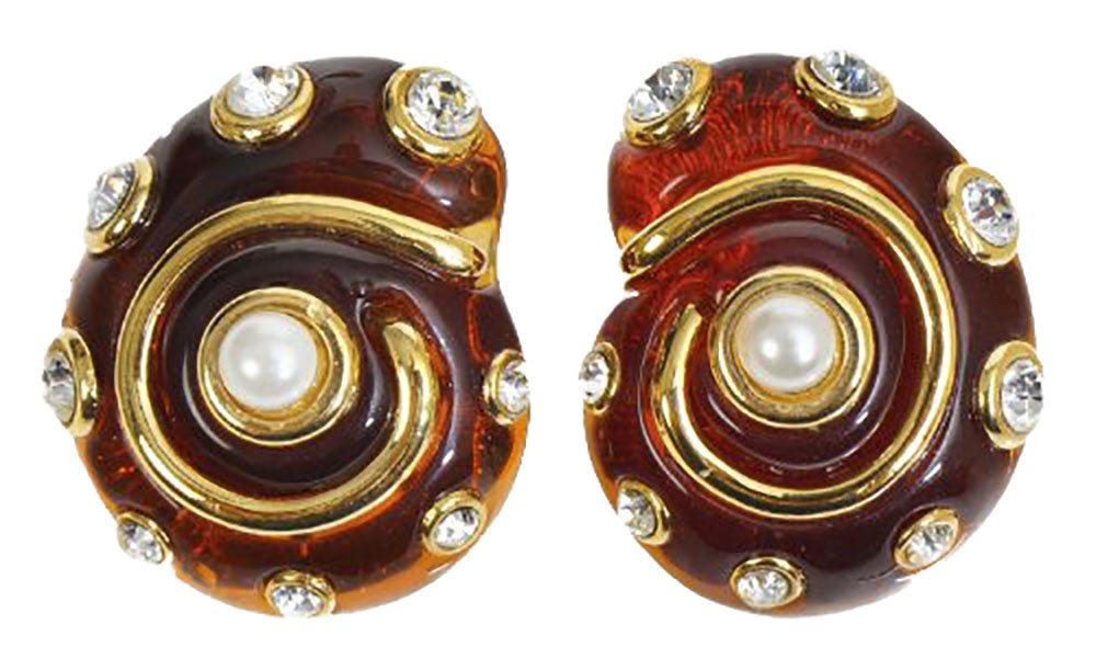 Faux Tortoiseshell Snail Shell Clip On Earrings with Resin Pearls & Crystals - Vintage Costume Jewelry for Women, Bridal Party, Boho Fashion Accessories