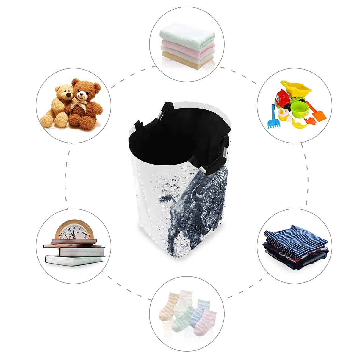 DOMIKING Collapsible Laundry Basket with Handle - Foldable Clothes Hamper Organizer for Kids Room, Dorm, Nursery | Buffalo Animal Design for Dirty Clothes & Toys Storage | Perfect for Home, Bedroom, College Dorm Organization