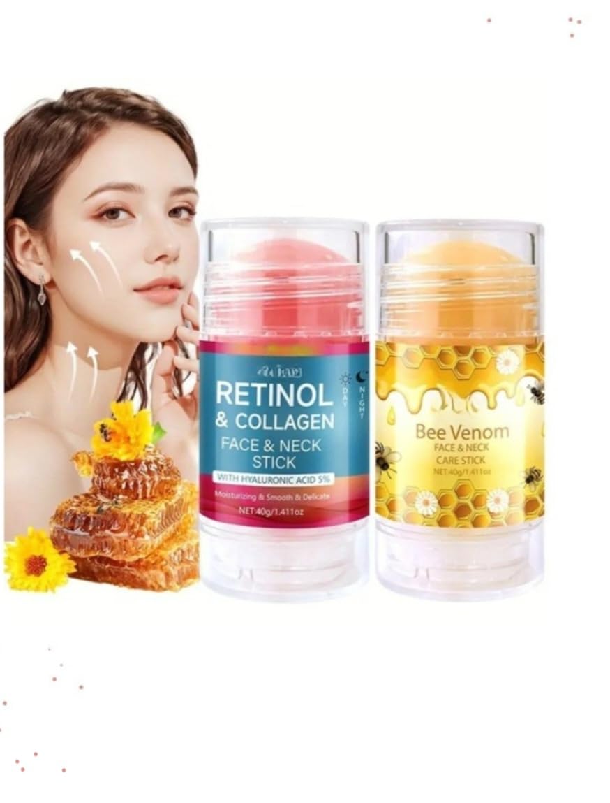 Retinol Collagen Face & Neck Stick + Bee Venom Cream - Hydrating & Anti-Aging Skincare Set for Dry, Oily & Sensitive Skin | Moisture Lock, Fast Absorption, 40g Each | Perfect for Night Routine & Travel Skincare