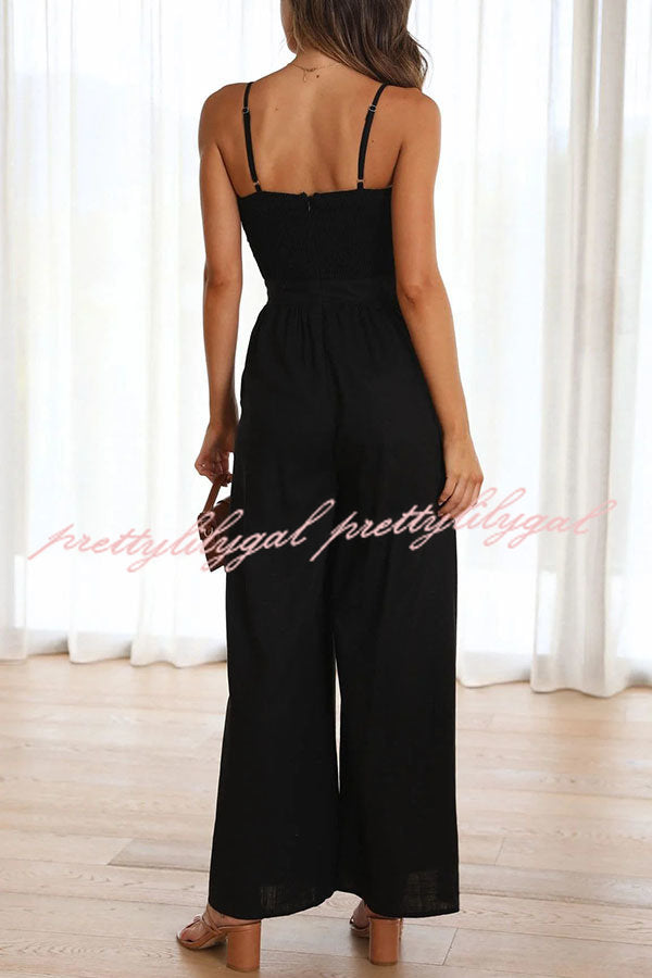 Vrinda Women's Adjustable Tie Smocked Back Jumpsuit with Pockets - Casual Summer Romper for Beach, Travel & Everyday Wear