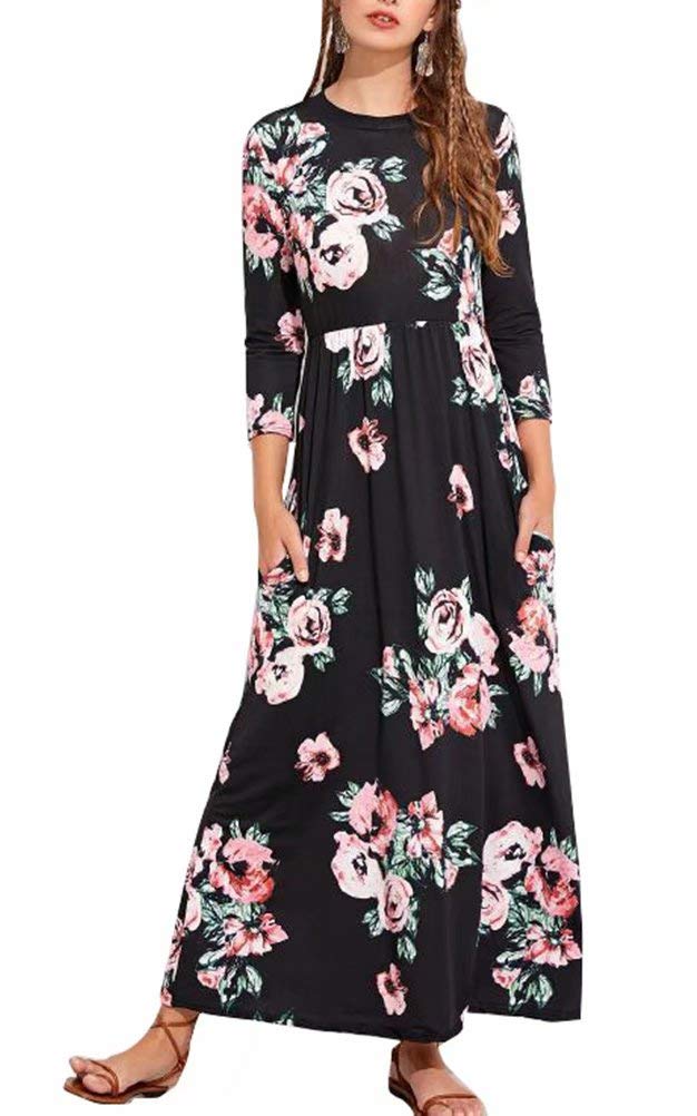 WearFun Women's Floral Print Maxi Dress - Boho 3/4 Sleeve High Waist Summer Dress with Pockets | Perfect for Beach Vacation, Date Night & Casual Outings