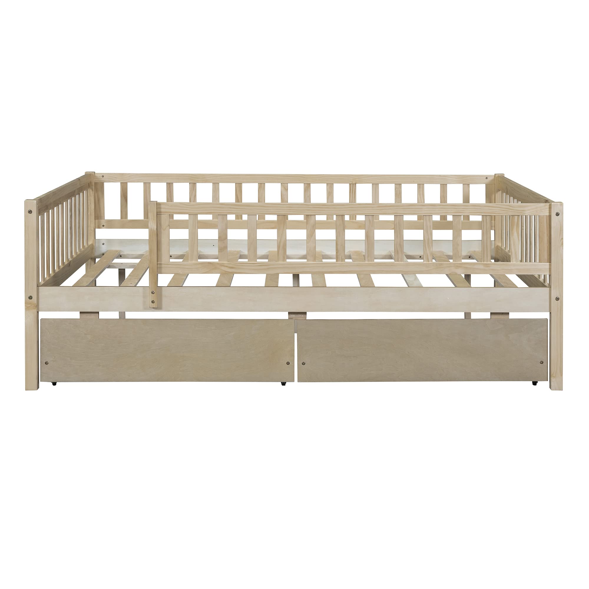 DEINPPA Full Size Wooden Daybed with Storage Drawers - Sturdy Slatted Bed Frame for Kids, Children, Toddlers, Boys & Girls - Natural Finish - Perfect for Small Bedrooms, Playrooms & Guest Rooms