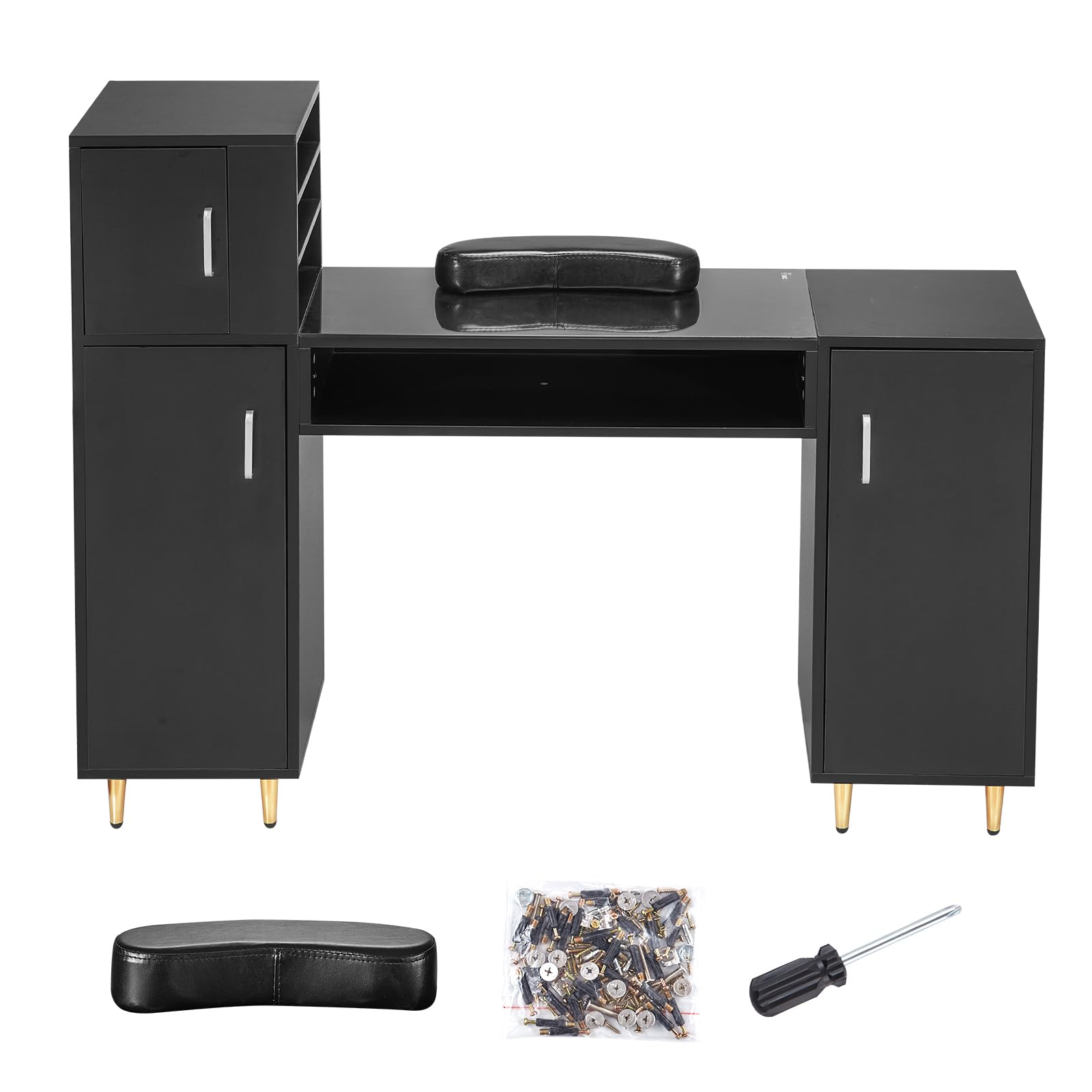 VEVOR Professional Manicure Table with Glass Top & Storage Cabinets - Acetone-Resistant Nail Tech Desk for Salon & Spa - Beauty Workstation with Wrist Rest & 8 Metal Legs (Black) - Perfect for Nail Artists, Makeup Application & Salon Professionals