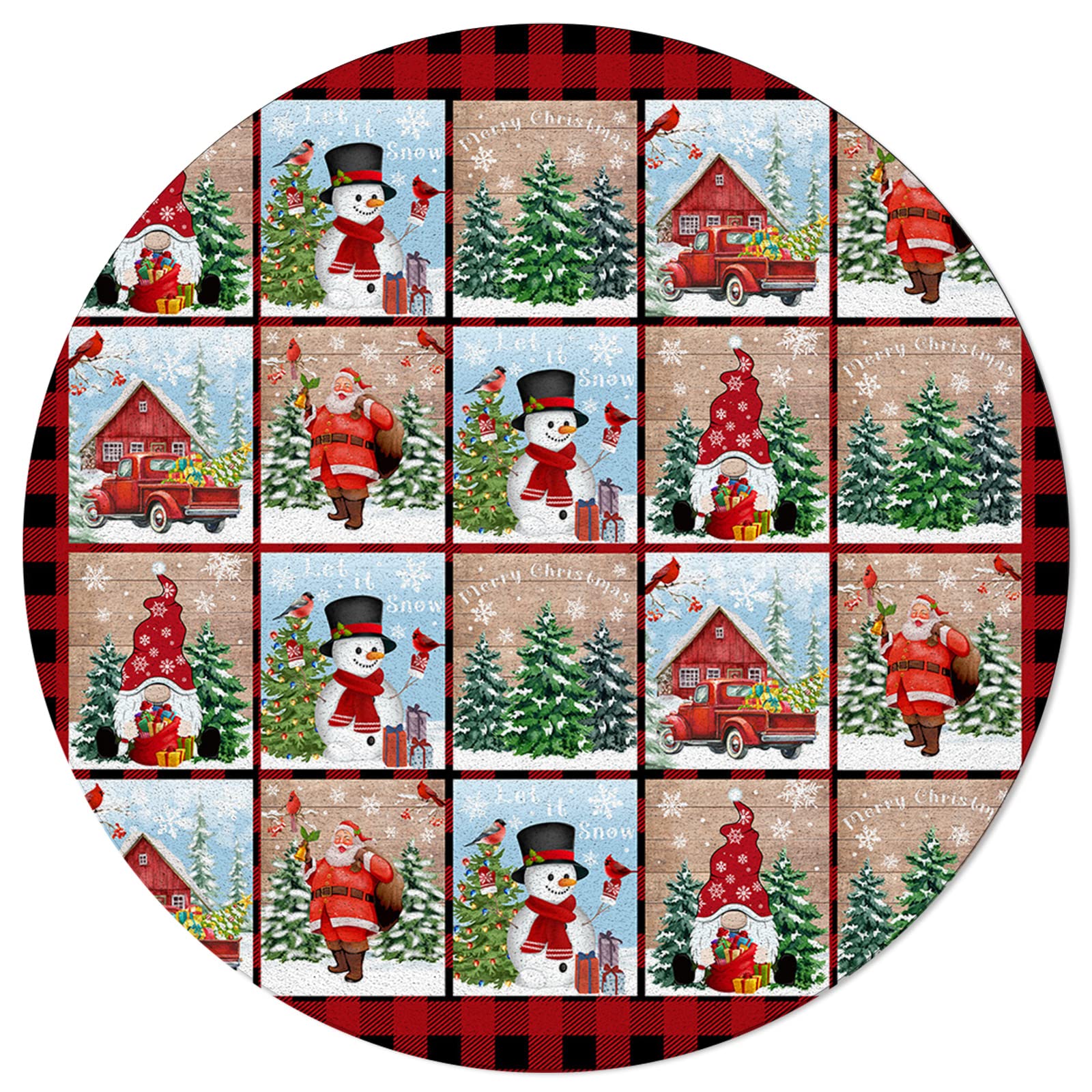 Large Round Non-Slip Christmas Plaid Area Rug - 3.3ft Washable Floor Mat for Bedroom, Living Room & Kids Room | Holiday Decor with Gnomes, Snowman & Santa Tree Design | Perfect for Winter Home Decor, Gift Giving & Cozy Seasonal Atmosphere