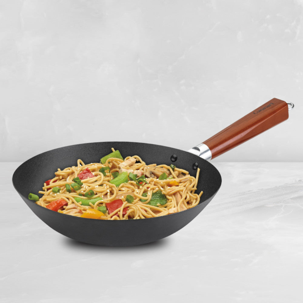 Premium Cuisinart CSW26 28C 11-Inch Pre-Seasoned Carbon Steel Wok Pan - Professional Stir Fry, Sauté & Deep Frying for Home & Restaurant Cooking
