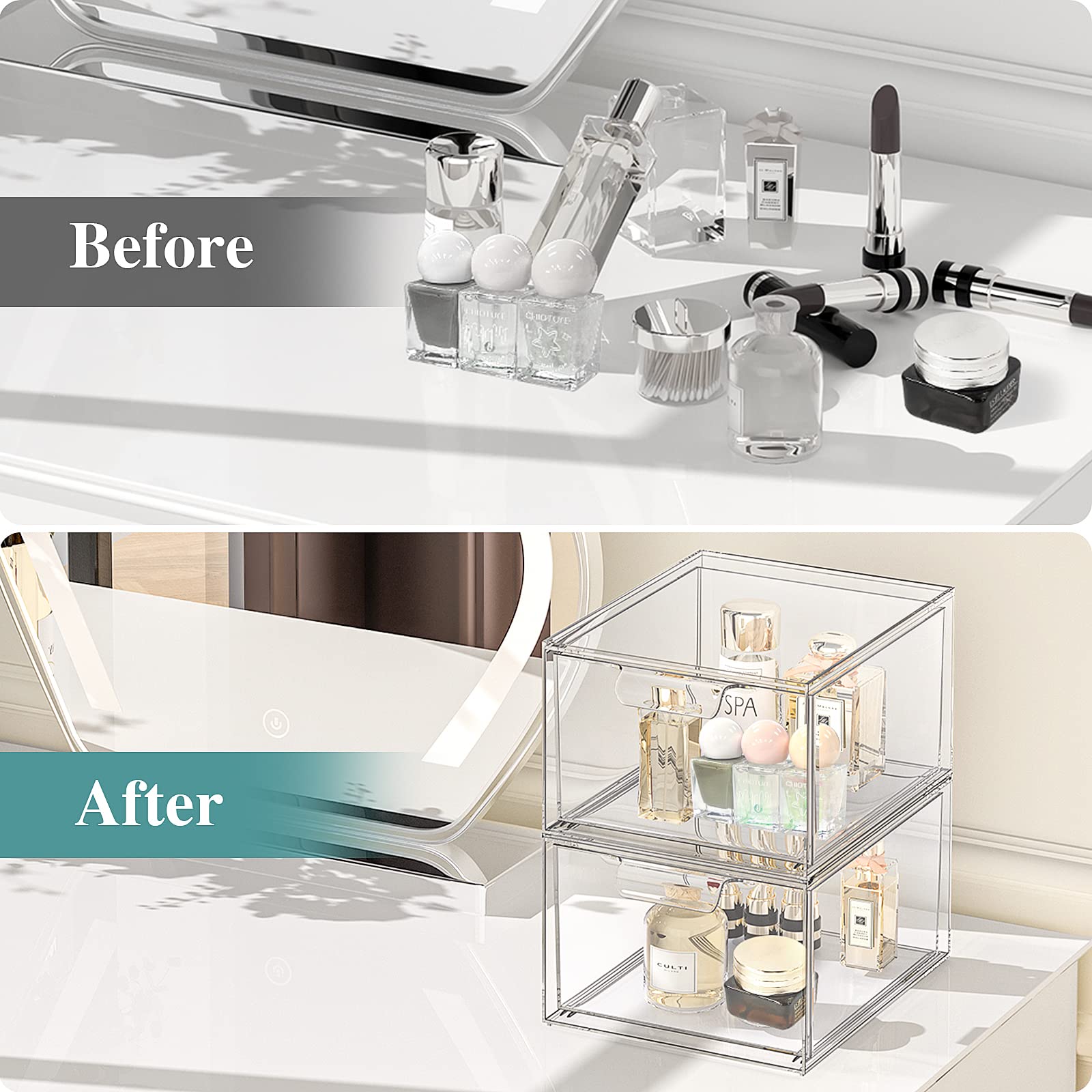 4 Pack Clear Acrylic Stackable Makeup Organizers with Handles - Plastic Storage Drawers for Vanity, Bathroom, Kitchen & Pantry Organization - Perfect for Cosmetics, Jewelry, Utensils & Small Item Storage