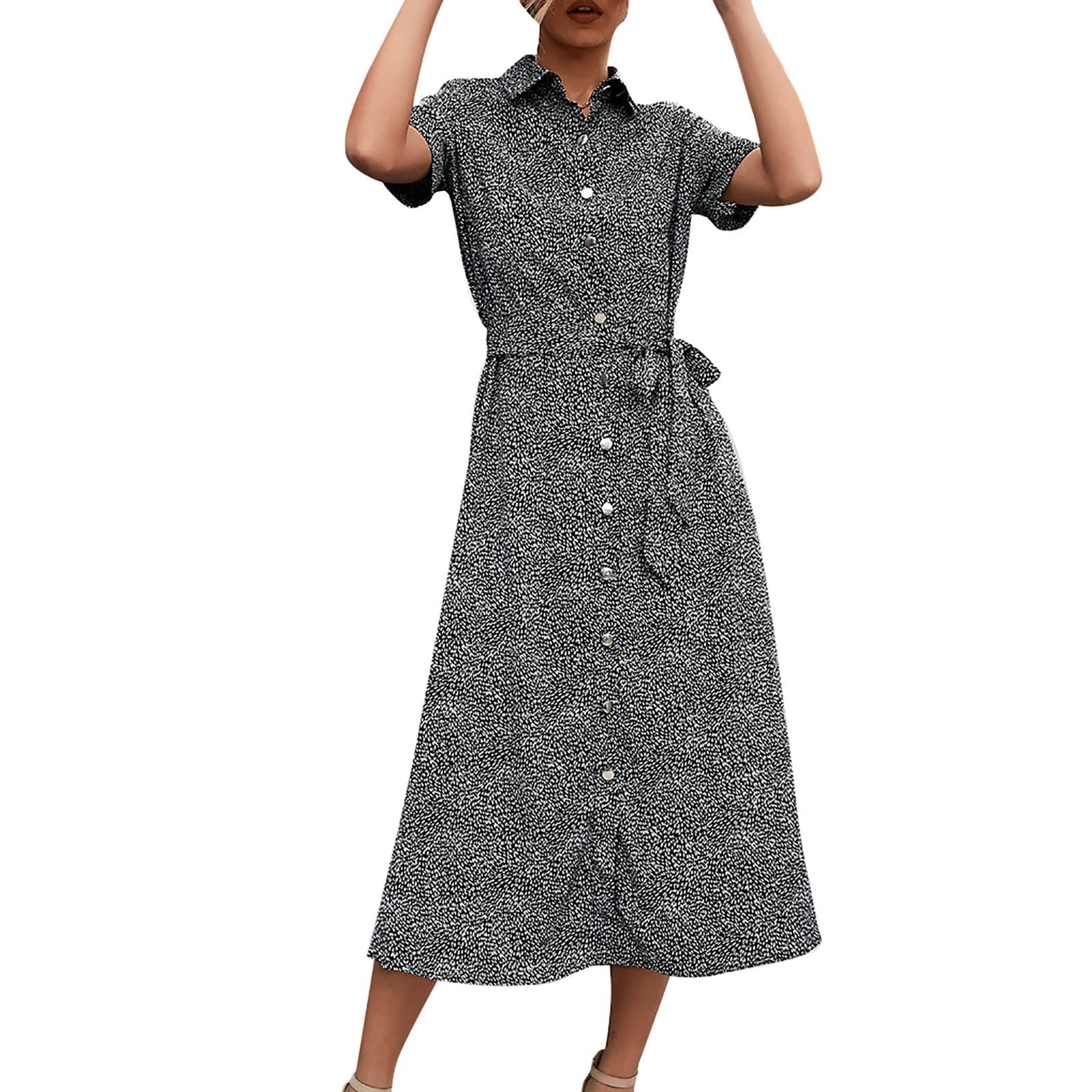 Vintage Polka Dot Button Down Shirt Dress with Tie Belt & Collar - Elegant Prom & Party Dresses for Women | Perfect for Formal Events, Weddings & Evening Occasions