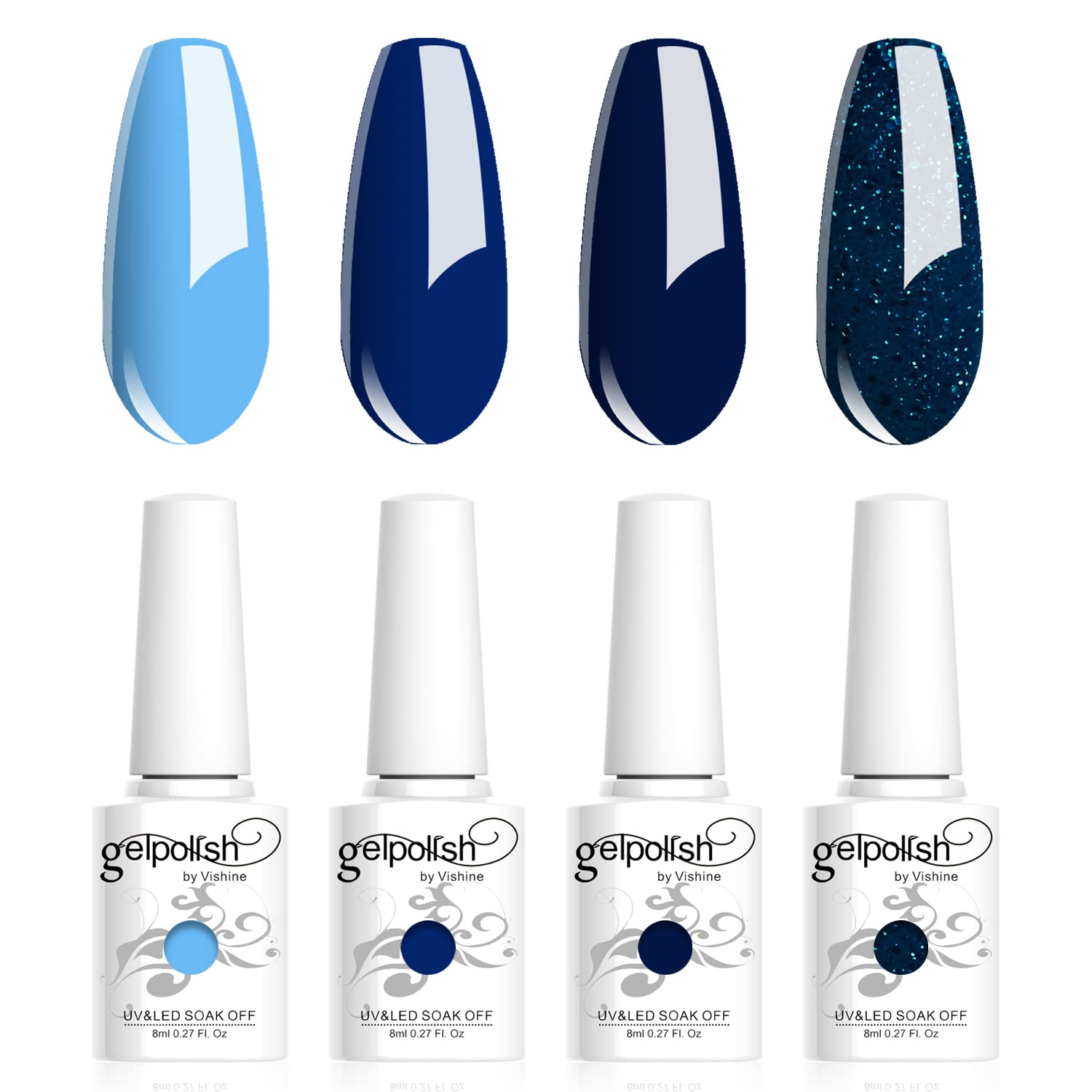 Vishine 4Pcs Blue Gel Nail Polish Kit - Aquarius Holy Water Collection, Baby Blue Navy Blue Shimmer Glitter Colors for Nail Art | Perfect for Girls, Women, DIY Manicures at Home, Salon & Party Nails
