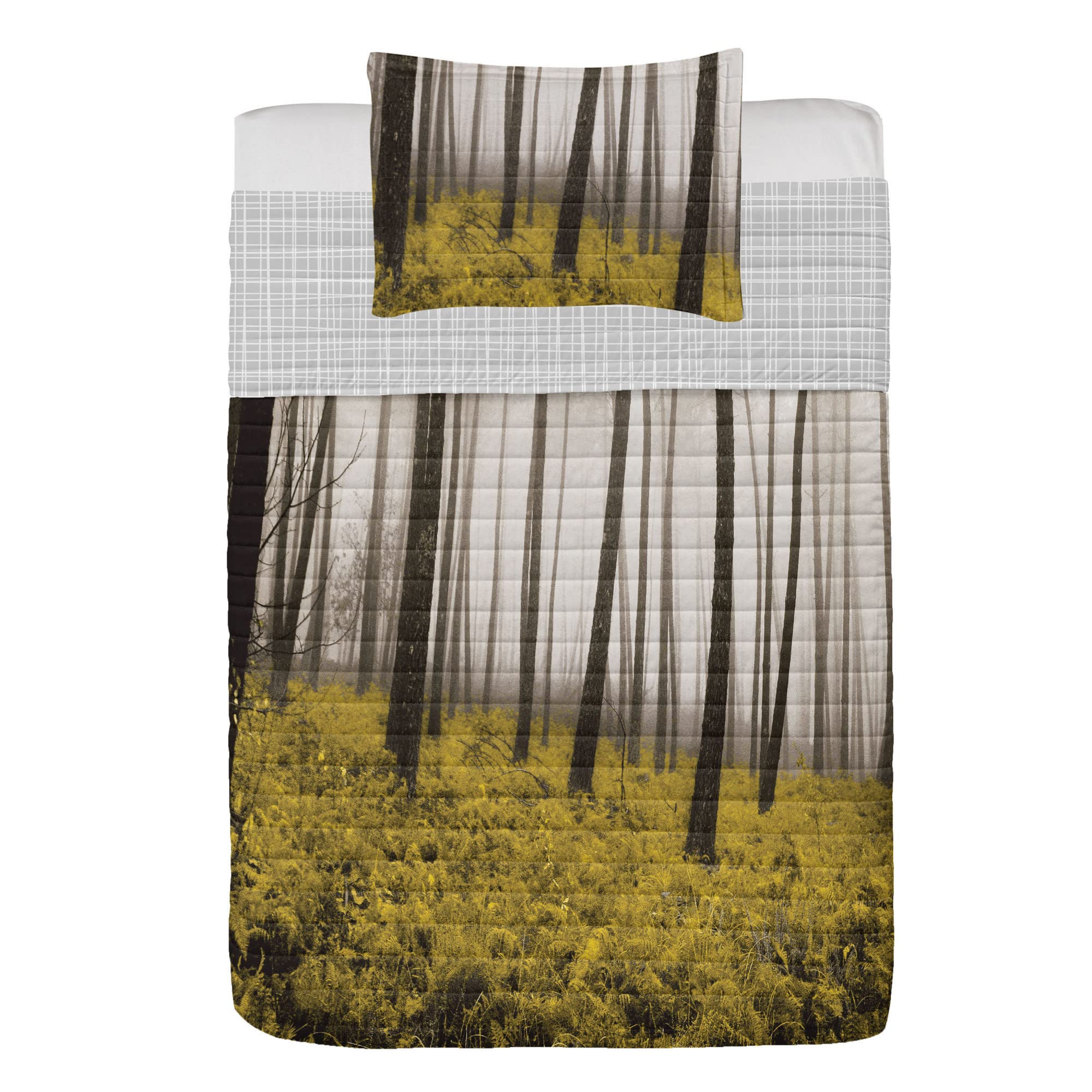 Ambesonne Reversible Forest Bedspread Set - Fantasy Woodland Fog Trees Design, Microfiber Comforter & Pillow Shams, Twin Size Slate Brown Mustard - Perfect for Cozy Cabin Retreats & Nature-Themed Bedrooms