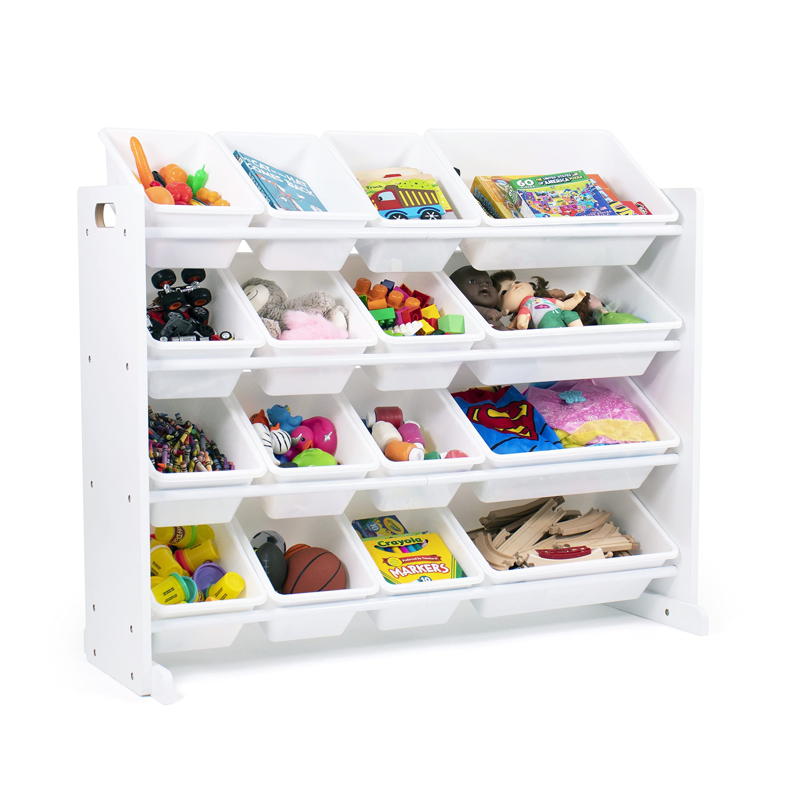 Humble Crew White Kids Wood Square Table and 2 Chairs Set with Extra-Large Toy Organizer - 16 Storage Bins in White | Perfect for Playroom, Classroom, and Kids Bedroom Organization