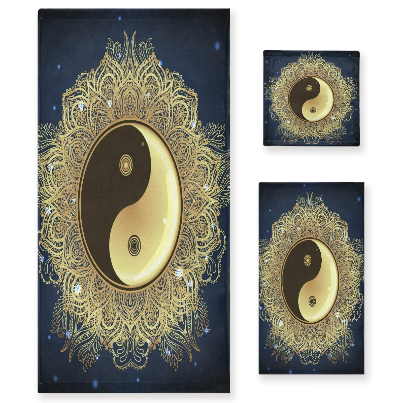STAYTOP Yin Yang Tao Mandala Symbol Towel Set - 3 Piece Bath, Face & Hand Towels for Gym, Spa, Bathroom & Beach | Soft Absorbent Cotton Towels for Yoga, Meditation & Home Decor