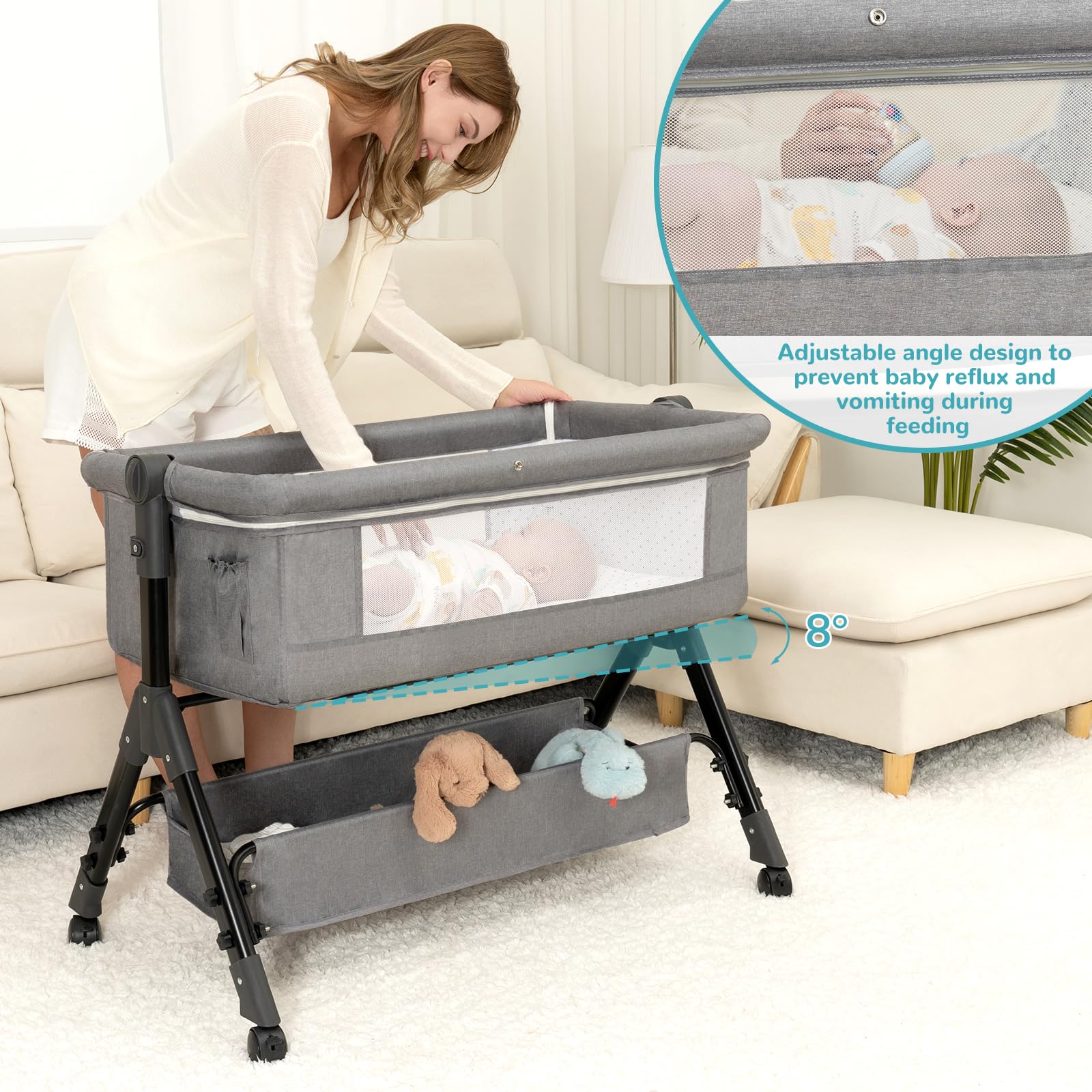 3 in 1 Adjustable Baby Bassinet Bedside Sleeper with Wheels, Storage Basket & Mattress - Portable Folding Crib for Newborns - Easy Assembly Nursery Essential for Co-Sleeping & Travel (Grey)