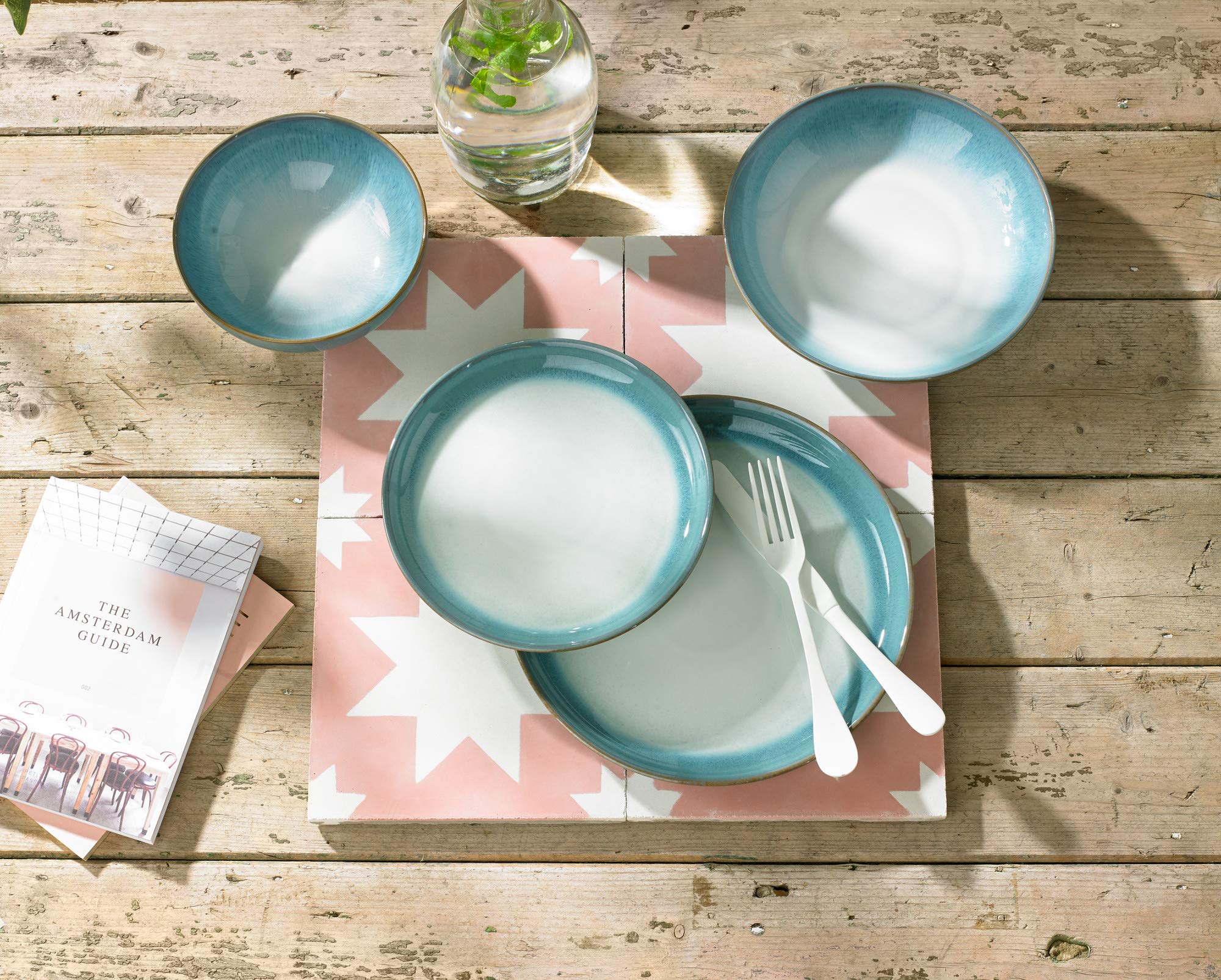 Denby Azure Haze Blue Pasta Bowls Set of 4 - 35oz Large Stoneware Ceramic Serving Bowls for Pasta, Salad, Soup - Dishwasher, Microwave & Freezer Safe - Blue & White Reactive Glaze - Chip Resistant - Perfect for Family Dinners & Entertaining