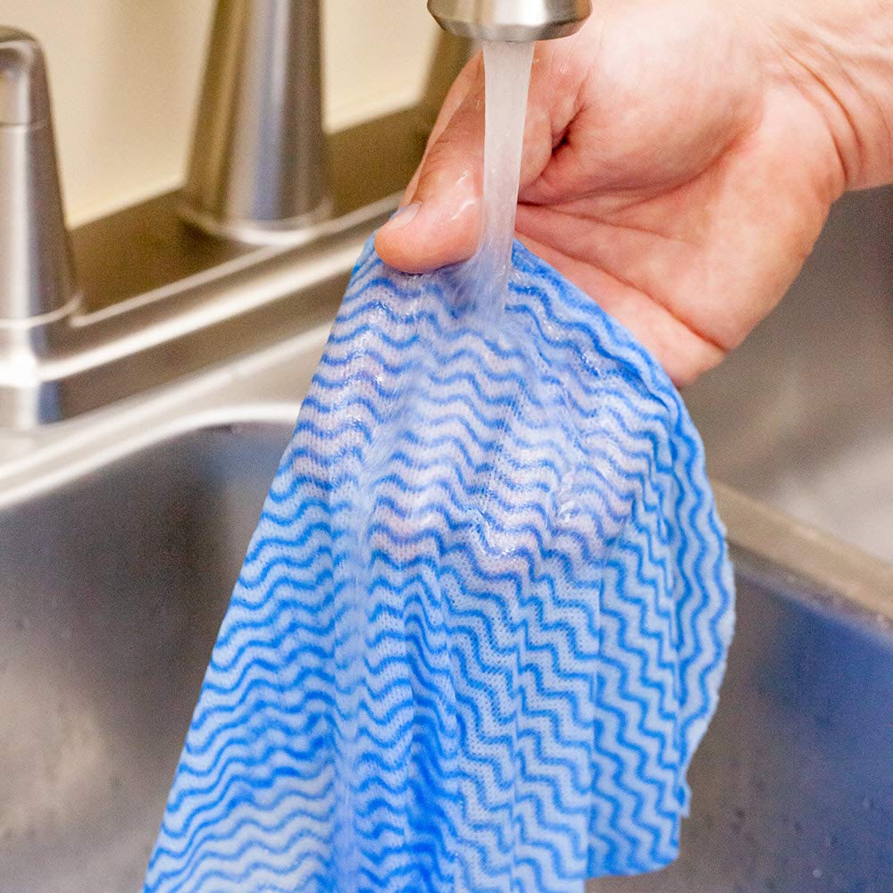 Restaurantware RW Clean 11x11 Inch Reusable Cleaning Cloth Rolls - 10 Pack Heavy-Duty Dish Wipes | Machine Washable, Perforated Blue Viscose Disposable Cloths (50 Sheets/Roll) | Absorbent for Kitchen, Restaurant & Commercial Use