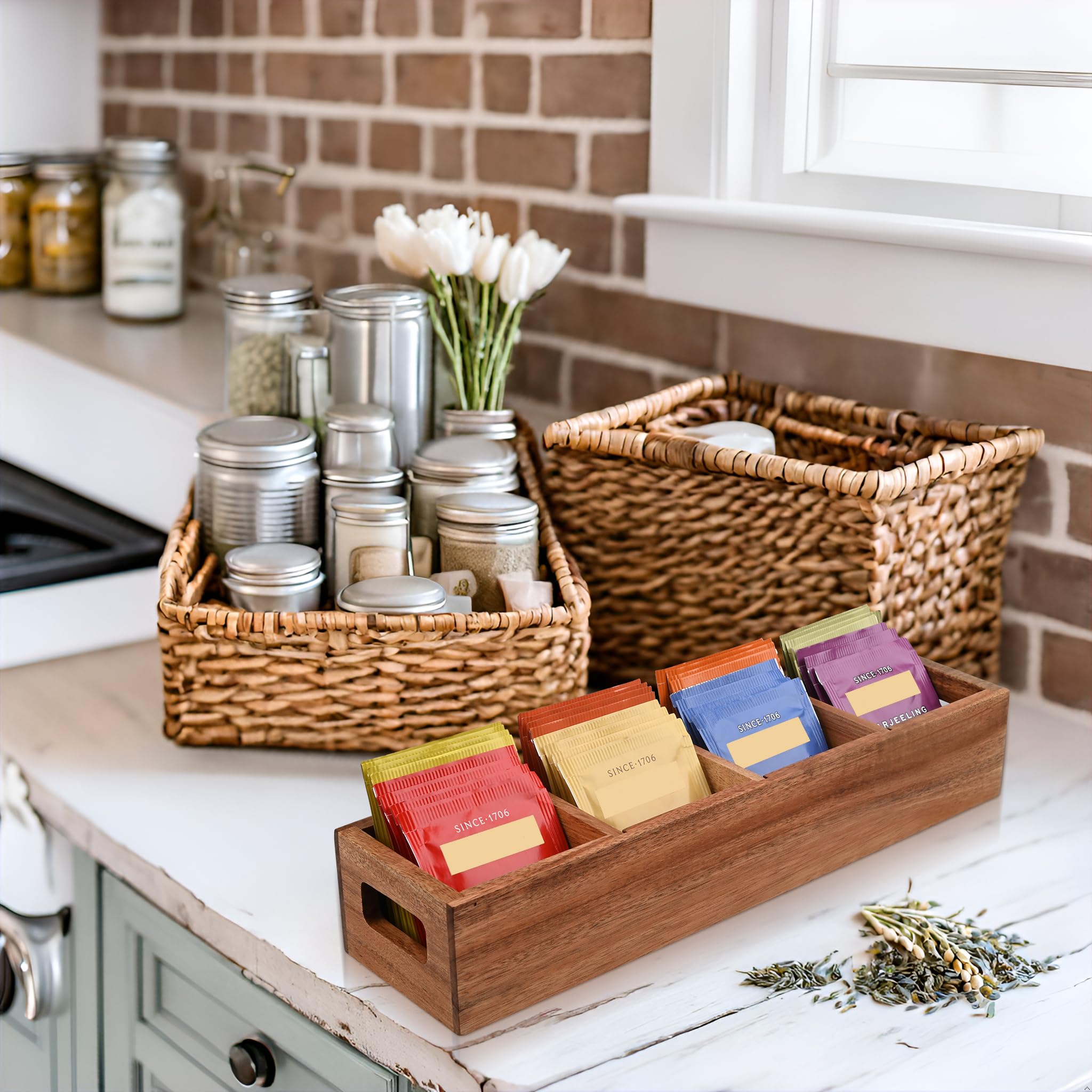 Premium Acacia Wood Tea Bag Organizer with 4 Slots - Elegant Tea Storage Holder for Tea Bags & Sugar Packets | Countertop Organizer for Kitchen, Office, or Dining Room