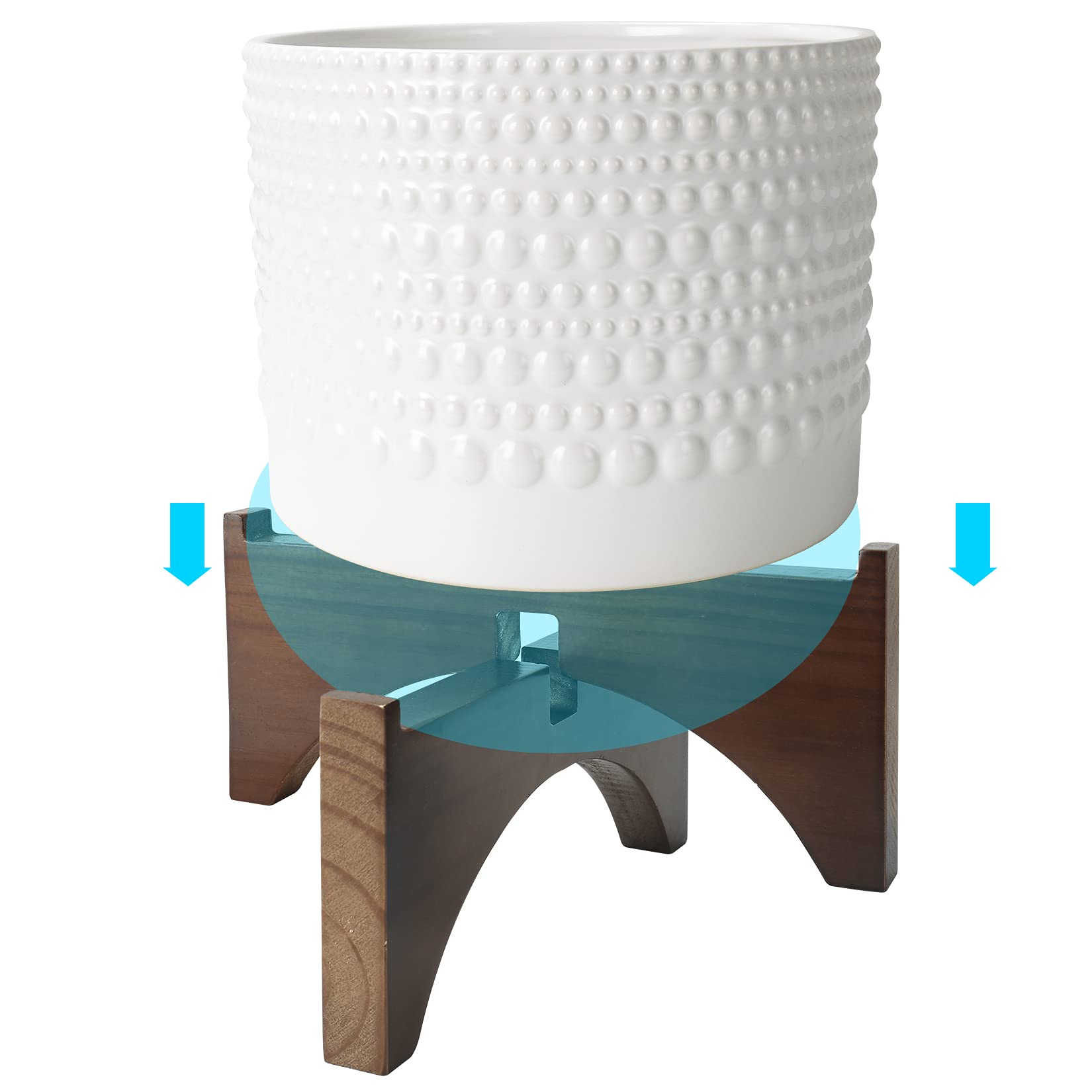 LA Jolie Muse 8 Inch White Ceramic Planter with Wood Stand - Cylinder Embossed Hobnail Pattern Flower Pot for Indoor Plants | Perfect for Home Decor, Office Desk, and Living Room Decorations