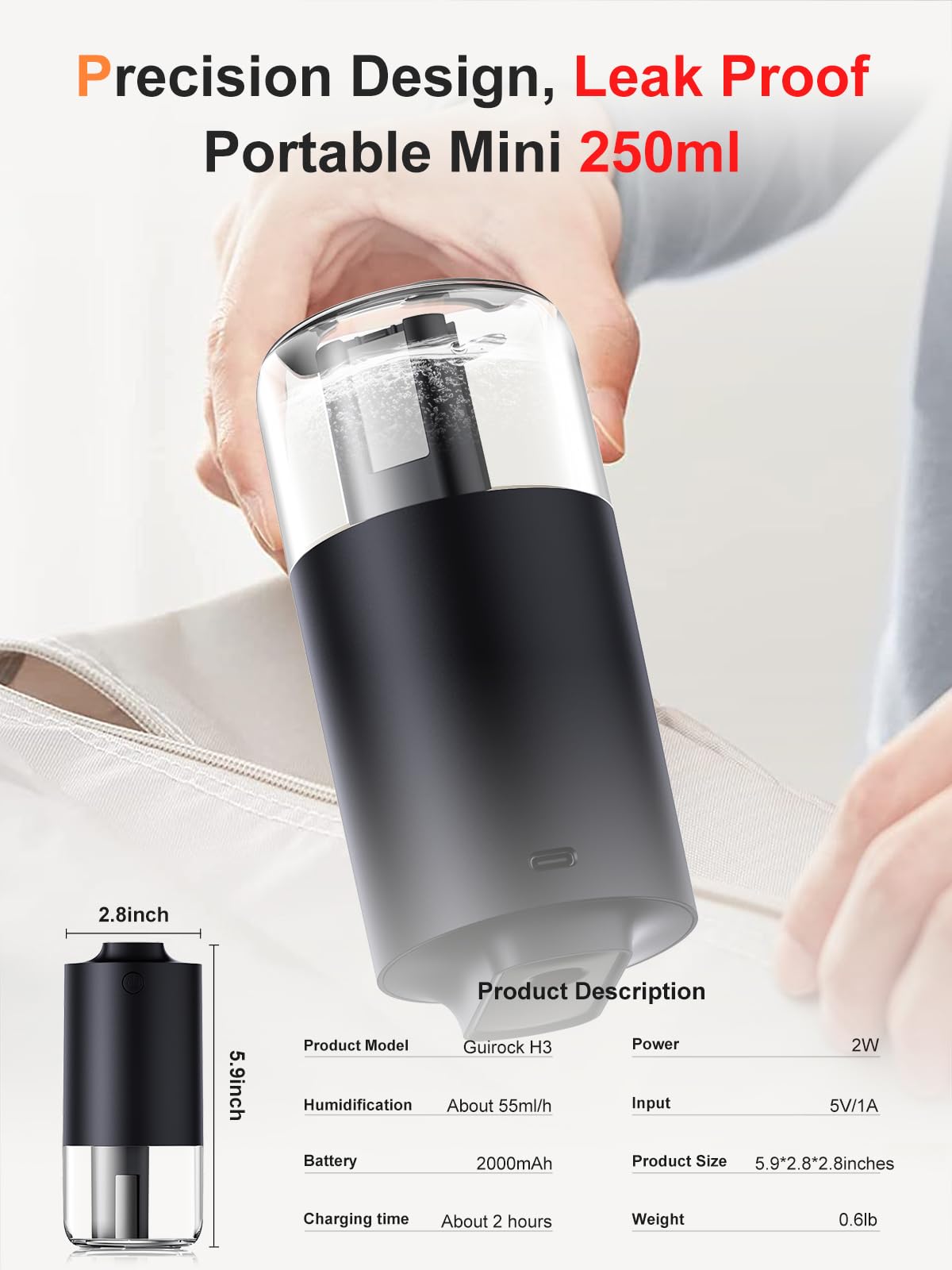 Guirock Portable Mini Humidifier - 250ml Small Cool Mist Humidifier with Auto-Purification & Auto On/Off - Built-in Battery & 2 Mist Modes - Perfect for Car, Baby Bedroom, Travel, Office & Desktop Use - Black