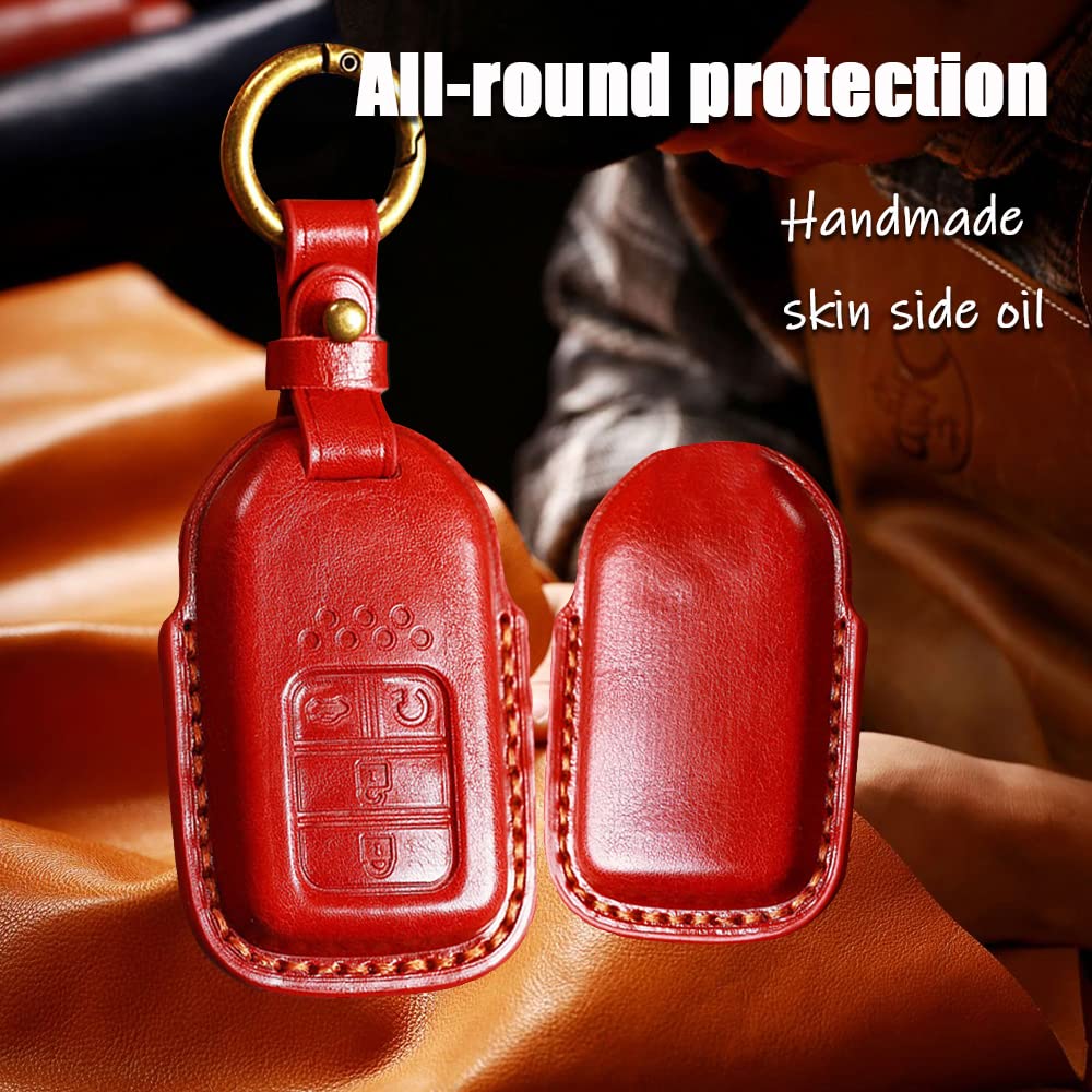 HIBEYO Genuine Leather Key Case Cover for Honda Accord Civic CRV Pilot CR-Z - Smart Car Key Protector with Keychains (Red) - Perfect for Daily Use, Travel & Key Protection