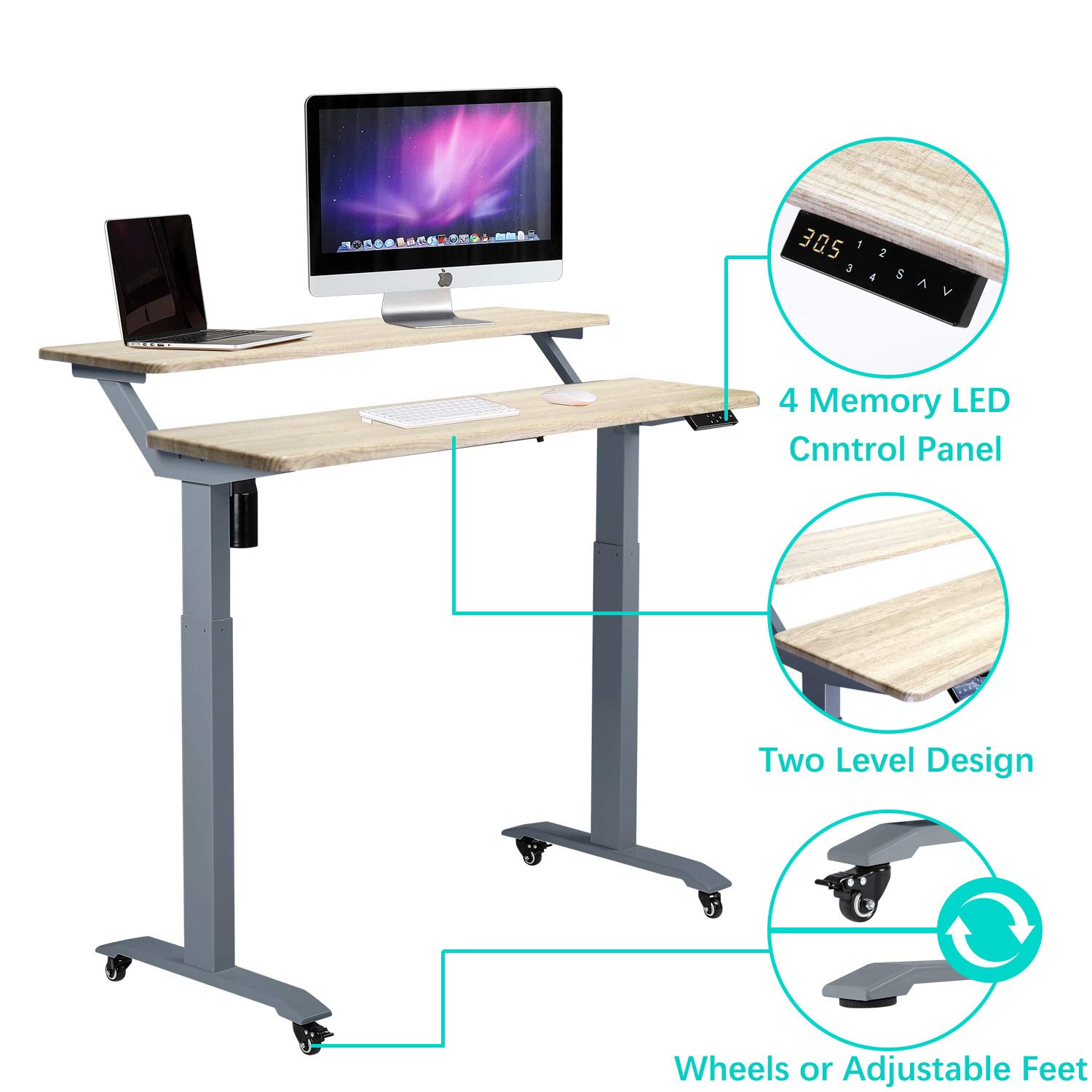 UNICOO® 2-Tier Electric Height Adjustable Standing Desk with Wheels - 48 x 24 Inch Mobile Sit Stand Workstation for Home Office | Ergonomic Workspace Solution for Small Spaces & Shared Work Environments