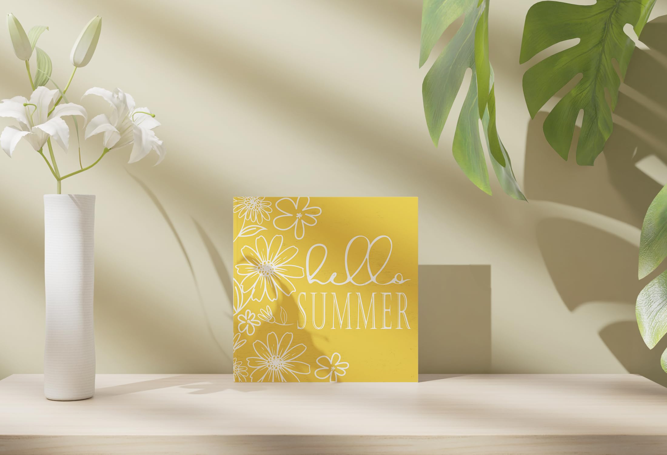 Yellow Wooden Box Sign - Summer Home Decor for Bathroom Shelf & Desk Accessories (5x5 Inch) - Perfect for Farmhouse, Beach House & Seasonal Decoration