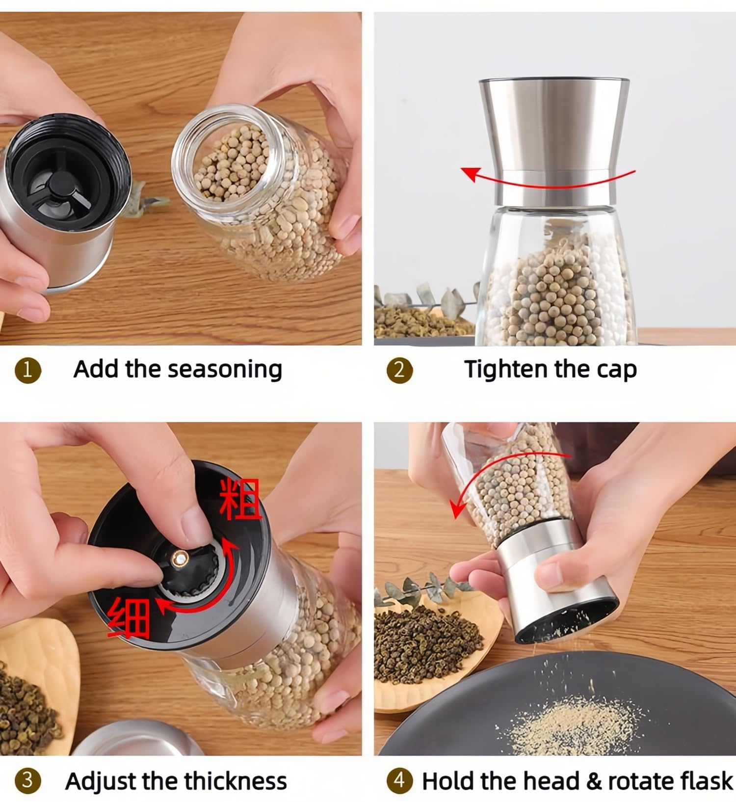 Premium Glass Salt and Pepper Grinder Set - Adjustable Ceramic Manual Spice Mill for Coarse Sea Salt, Peppercorns & Herbs | Perfect for Kitchen, Dining Table & Gourmet Cooking