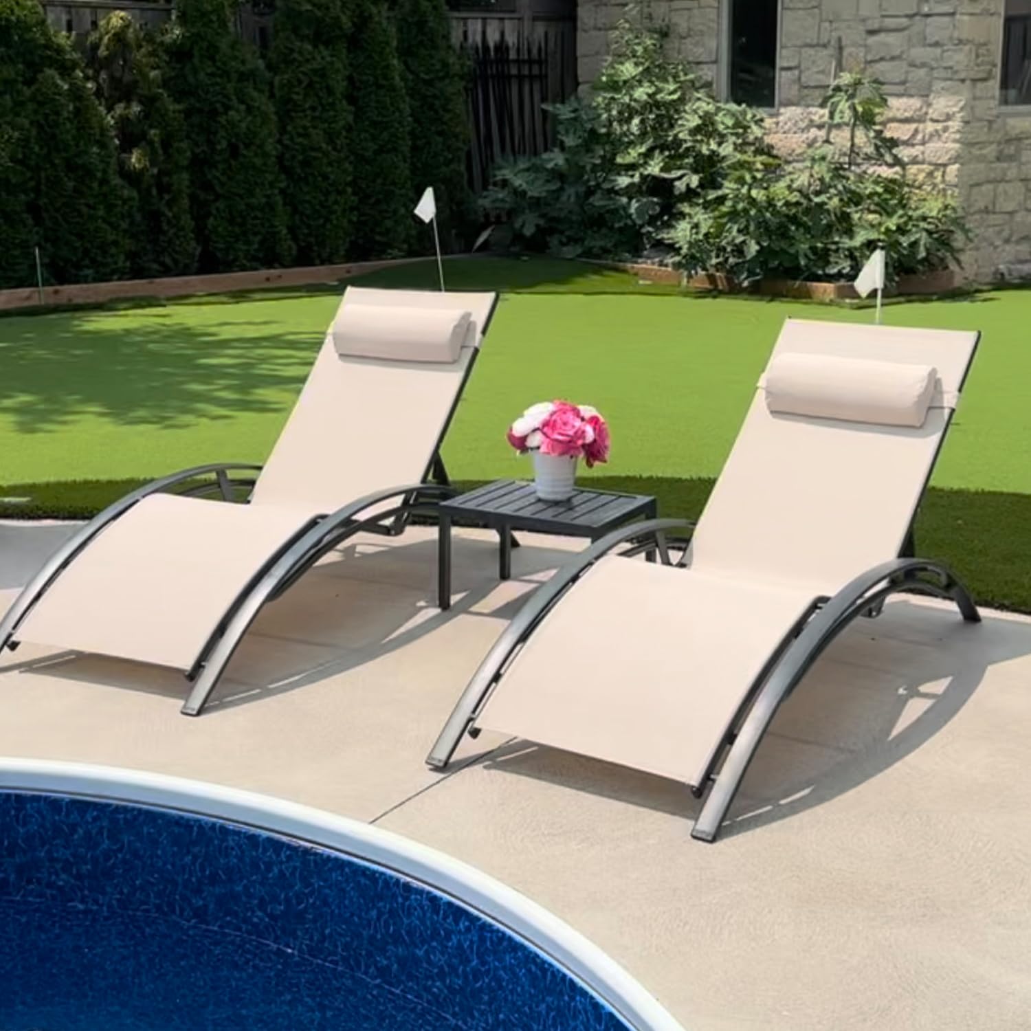 PURPLE LEAF 3-Piece Outdoor Chaise Lounge Set - All-Weather Patio, Pool & Beach Sunbathing Chairs with Side Table - Beige Recliners for Backyard, Lawn & Tanning