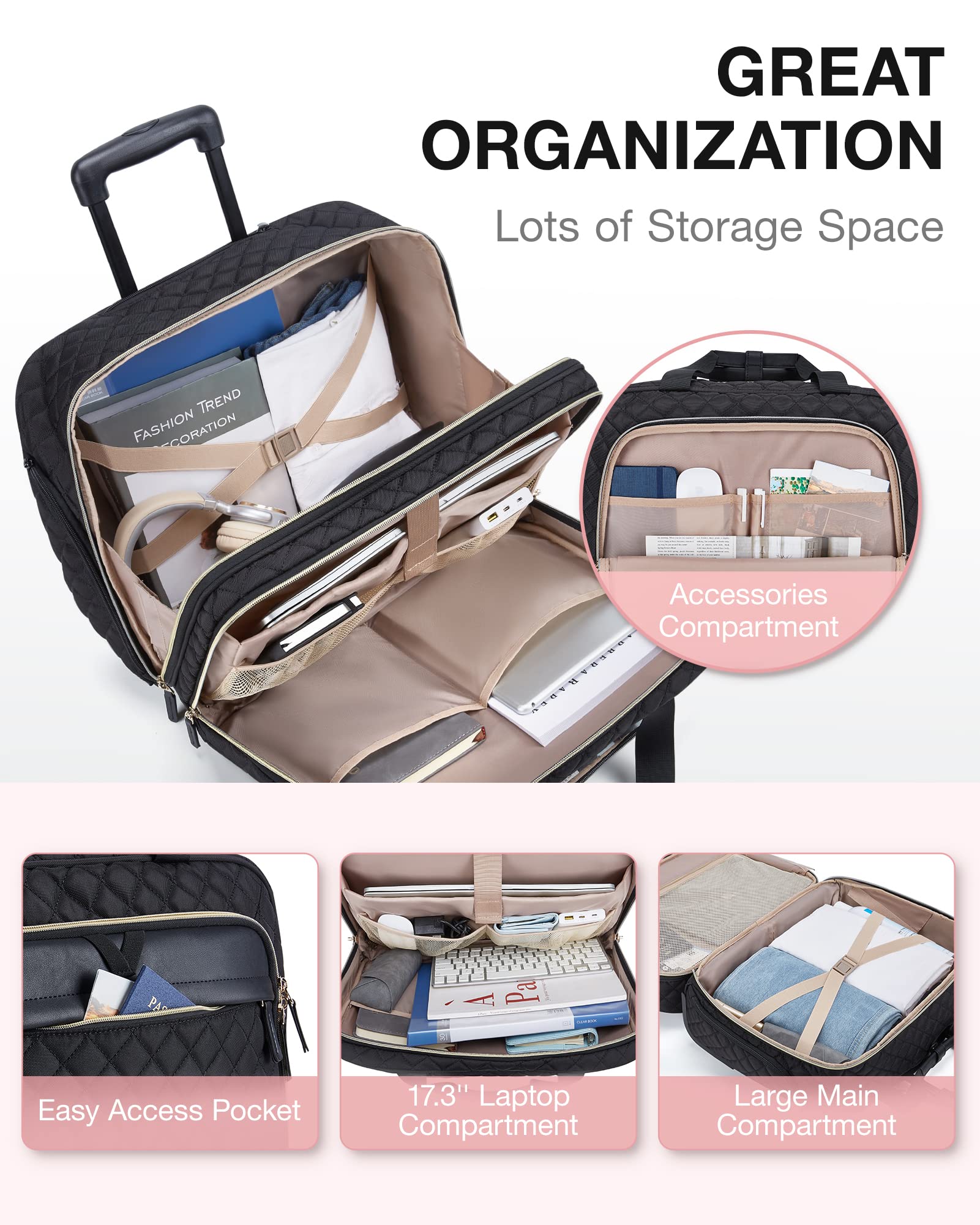 BAGSMART 17.3 Inch Rolling Laptop Briefcase with Wheels - Water-Resistant Quilted Black Computer Bag for Women & Men - Perfect for Business Travel, Work Commute & Airplane Carry-On