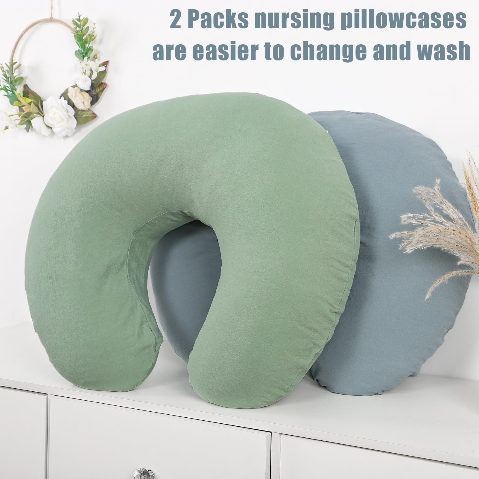 SWESEN 2 Pack Nursing Pillow Covers - Breathable Linen Slipcovers for Breastfeeding & Infant Feeding Pillows (Green & Blue) - Washable & Soft for Baby Girl & Boy - Perfect for Nursing, Bottle Feeding & Comfort at Home or Travel