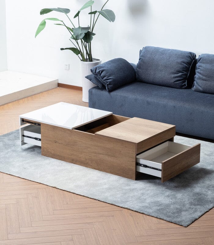 Arlo Light Brown Wood Finish Coffee Table with Hidden Storage Compartments & 2 Drawers - Modern Living Room Furniture for Small Spaces, Home Decor, and Coffee Table Books Display