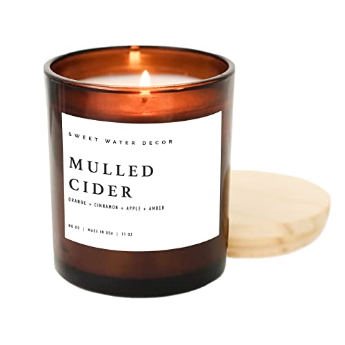 Sweet Water Decor Mulled Cider Soy Candle - Orange, Lemon, Cinnamon, Cranberry, Apple & Cedar Scent | Fall Home Fragrance Candle in 11oz Amber Jar | 60-Hour Burn Time | Made in USA | Perfect for Cozy Evenings, Thanksgiving Decor & Holiday Gifts