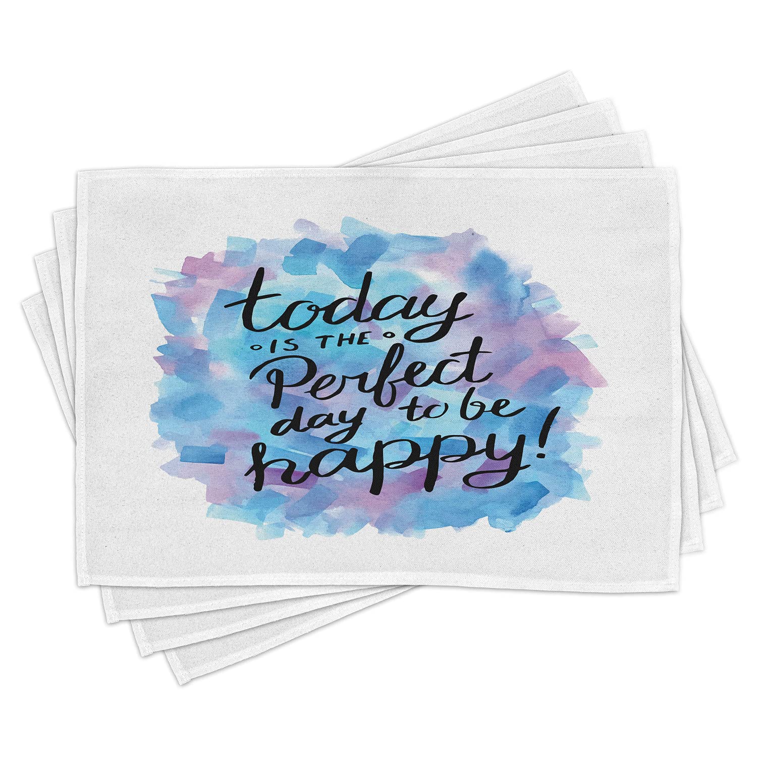 Ambesonne 4-Piece Washable Fabric Placemats Set - Hand-Painted Brush Effect 'Happiness' Abstract Design, Standard Size Dining Table Mats in Dried Rose Blue Black | Perfect for Dinner Parties, Holiday Gatherings & Everyday Meals