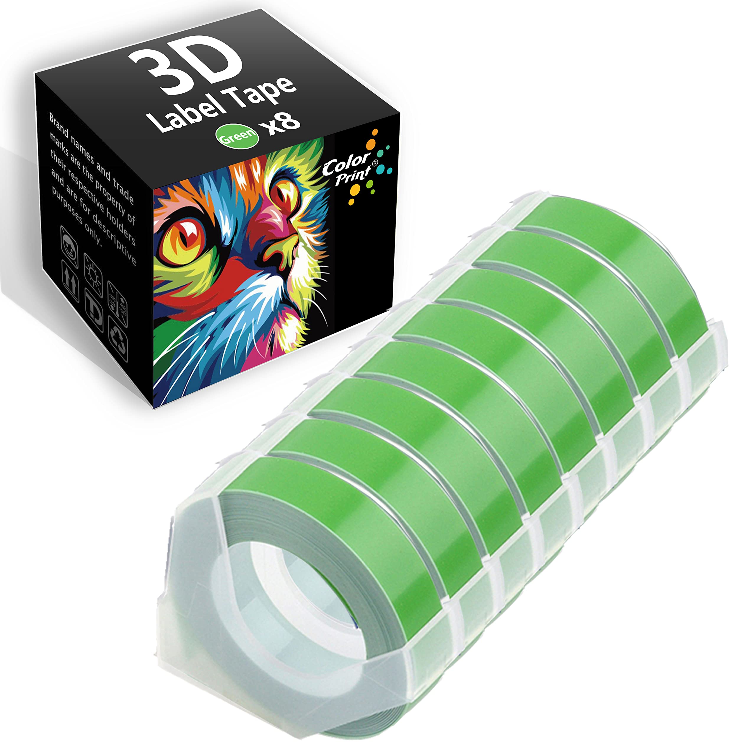 Dymo 3D Embossing Label Tape Replacement - 8 Green Rolls Pack for Dymo Organizer Xpress Pro, Motex, Omega Home, Junior Embosser, Office-Mate II Label Makers | Perfect for Home, Office Organization & Craft Projects