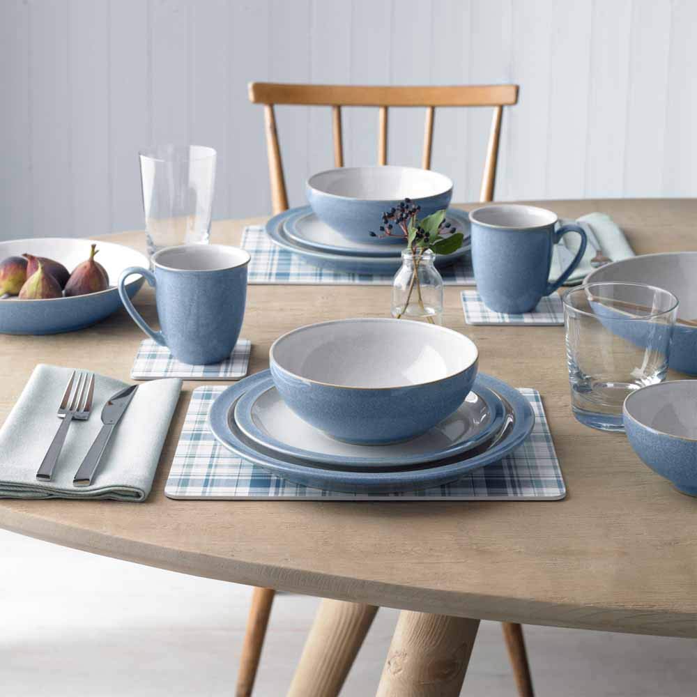 Denby Elements Blue 12-Piece Ceramic Dinnerware Set - Microwave & Dishwasher Safe Plates & Bowls - Elegant Tableware for Everyday Dining & Entertaining