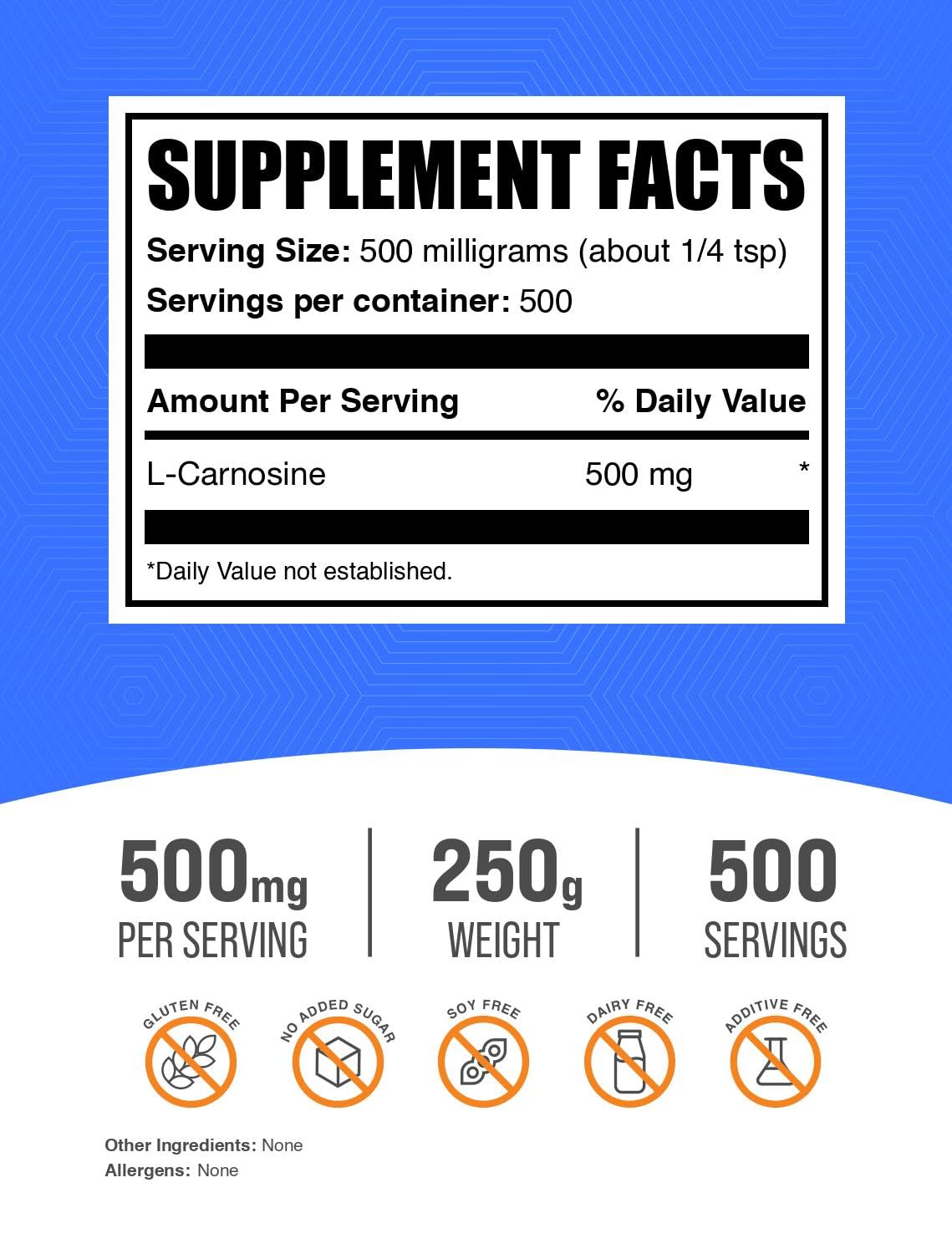 BulkSupplements.com Pure L-Carnosine Powder 500mg per Serving - Amino Acid Supplement for Anti-Aging & Cellular Health - Gluten Free, 250g (8.8 oz) - Supports Brain Function & Muscle Recovery for Athletes & Seniors