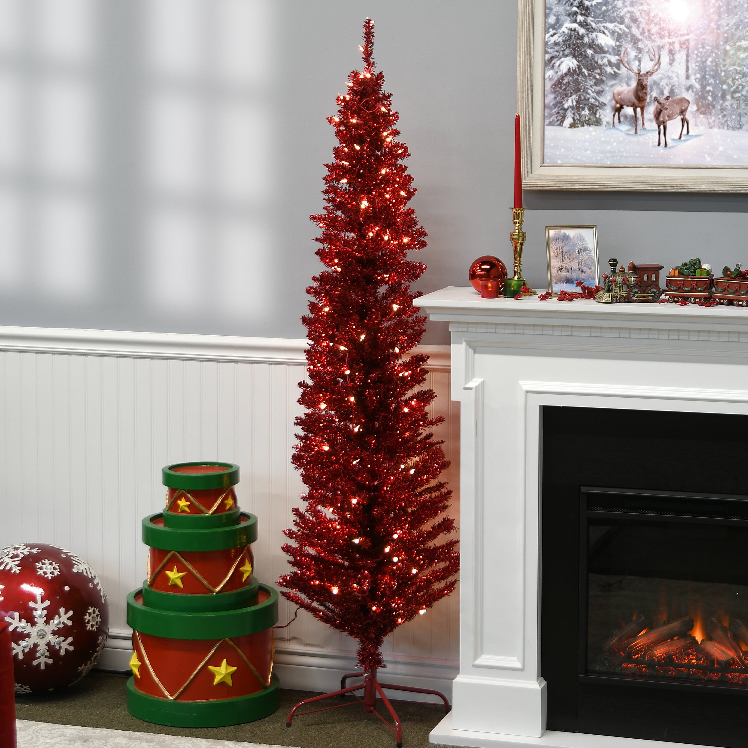 6 ft Pre-Lit Artificial Christmas Tree with Red Tinsel and Clear LED Lights - Perfect for Holiday Home Decor, Office, and Party Festive Atmosphere