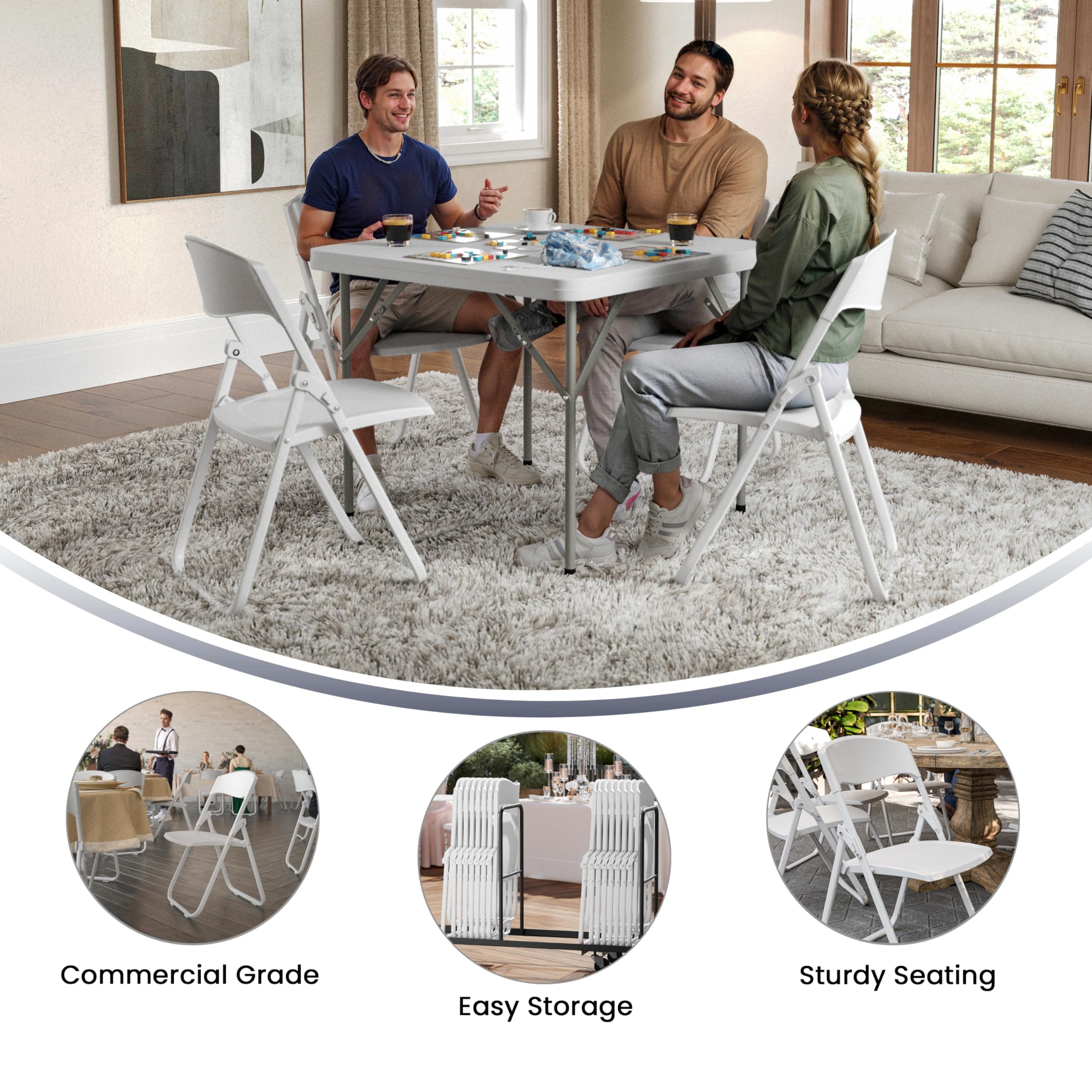 Flash Furniture 2-Pack HERCULES Series 500 lb Capacity Heavy Duty White Plastic Folding Chairs with Built-in Ganging Brackets - Perfect for Events, Parties, and Commercial Use