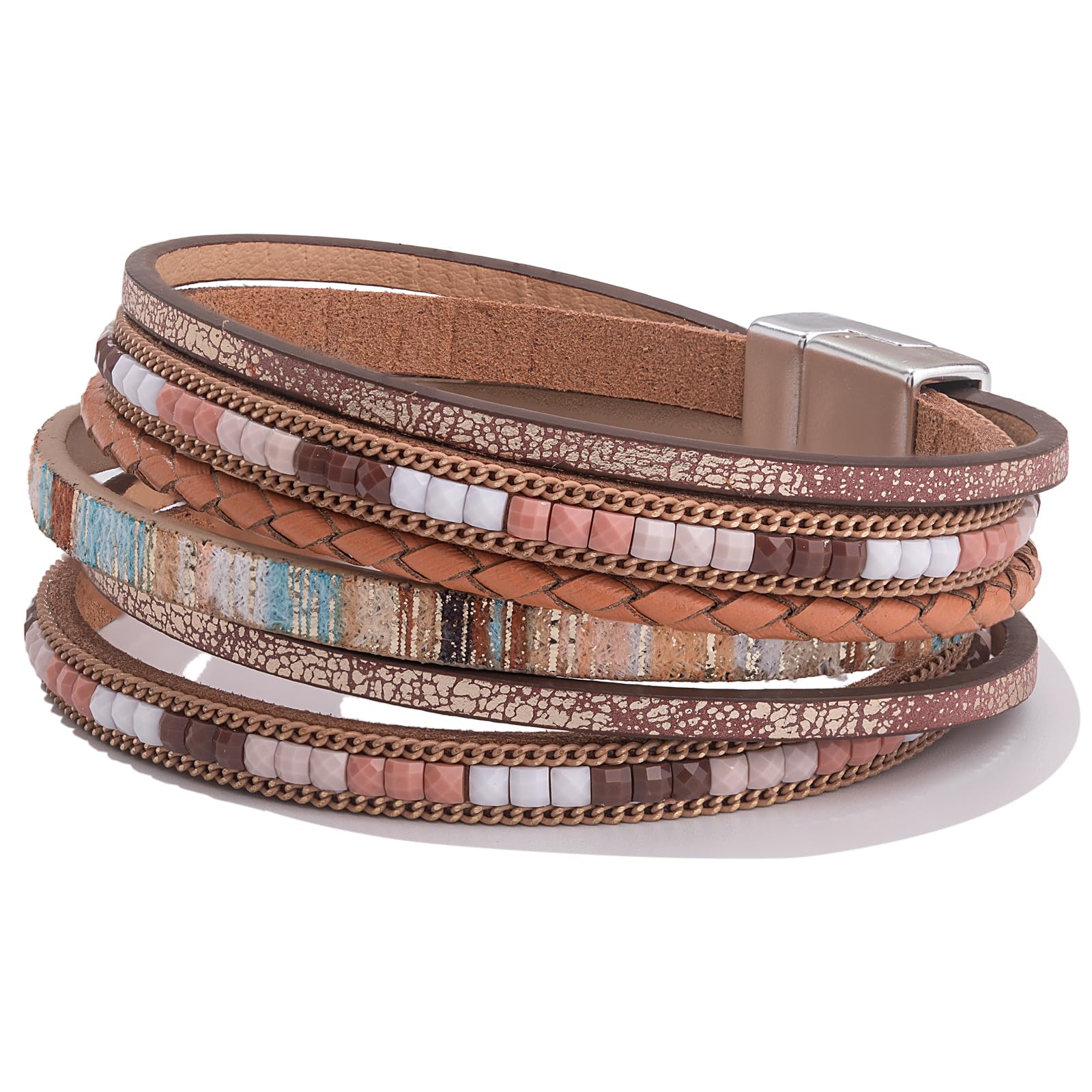 Boho Leather Wrap Bracelets for Women - Trendy Magnetic Clasp Layered Bracelets Set, Adjustable Bohemian Jewelry Gift for Her | Perfect for Festivals, Beach Parties & Everyday Boho Chic Style