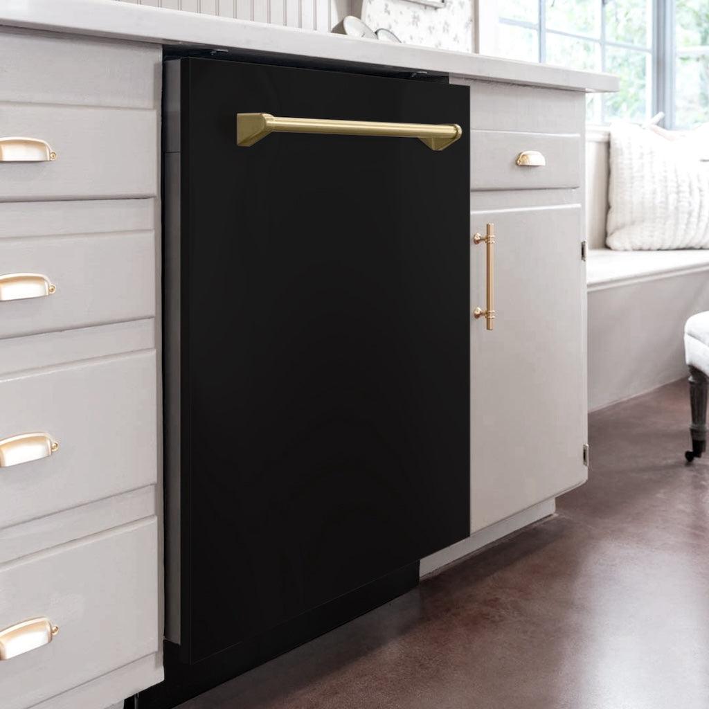 ZLINE Autograph Edition 24 Inch Black Matte Dishwasher with Champagne Bronze Handle - 3rd Rack, Top Touch Controls, 45dBA Ultra Quiet - Perfect for Modern Kitchens, Open Concept Homes & Luxury Condos (DWMTZ BLM 24 CB)