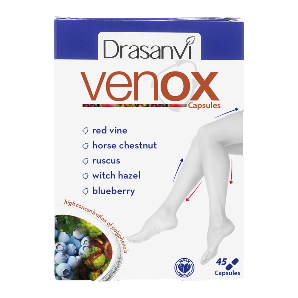 Drasanvi VENOX 45 Capsules - Vegan Multivitamin Supplement with Red Vine, Blueberries & Blackcurrant | Rich in Vitamins A, C, E | Gluten Free | Supports Leg Health & Circulation | Perfect for Active Lifestyles & Wellness Routines