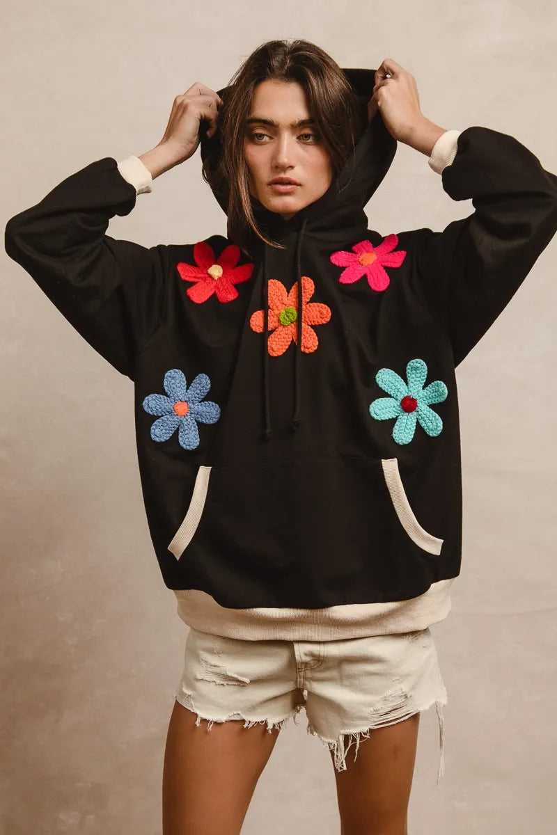 BiBi Patched Hoodie Top for Women - Trendy Streetwear Pullover with Unique Embroidery | Perfect for Casual Outfits, Layering & Fall Fashion