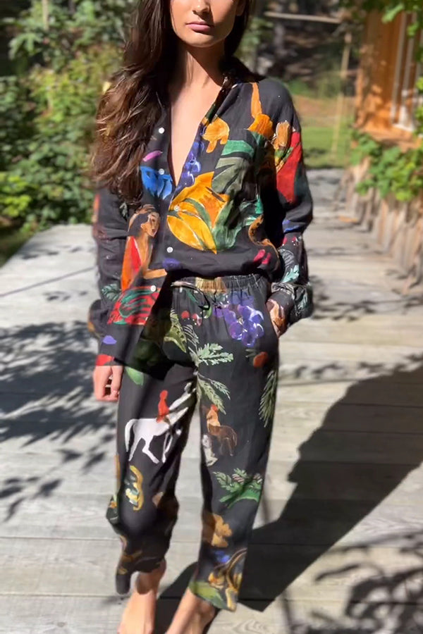 Stylish Floral Print Long Sleeve Blouse with Elastic Waist Wide Leg Pants Set - Women's Casual Outfit for Work, Date Night & Spring Fashion