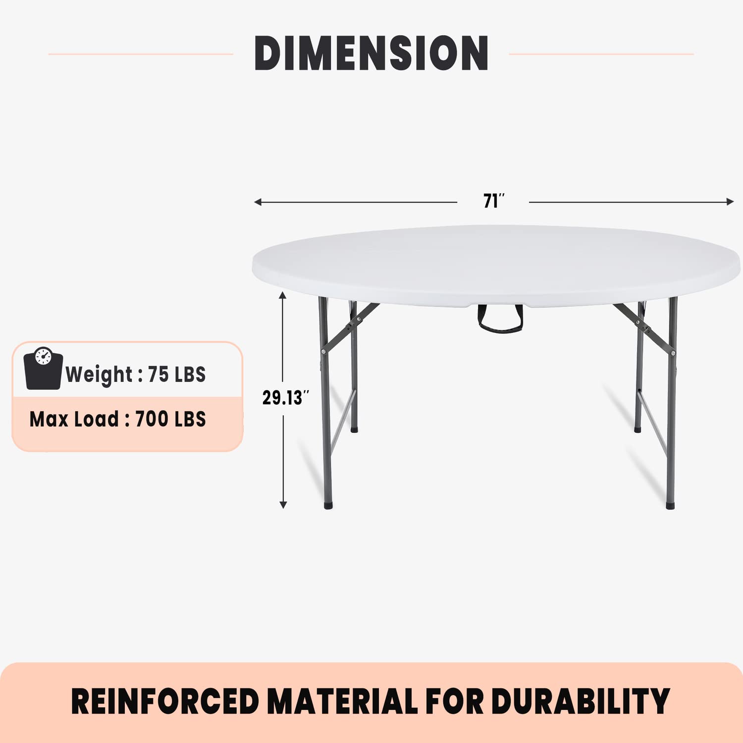 Naomi Home 60-Inch Round Folding Table - Lightweight Durable Bi-Fold Portable Plastic Table with Carrying Handle, White Resin Surface & Sturdy Steel Frame for Indoor Outdoor Use - Perfect for Parties, Picnics, Camping, and Home Events