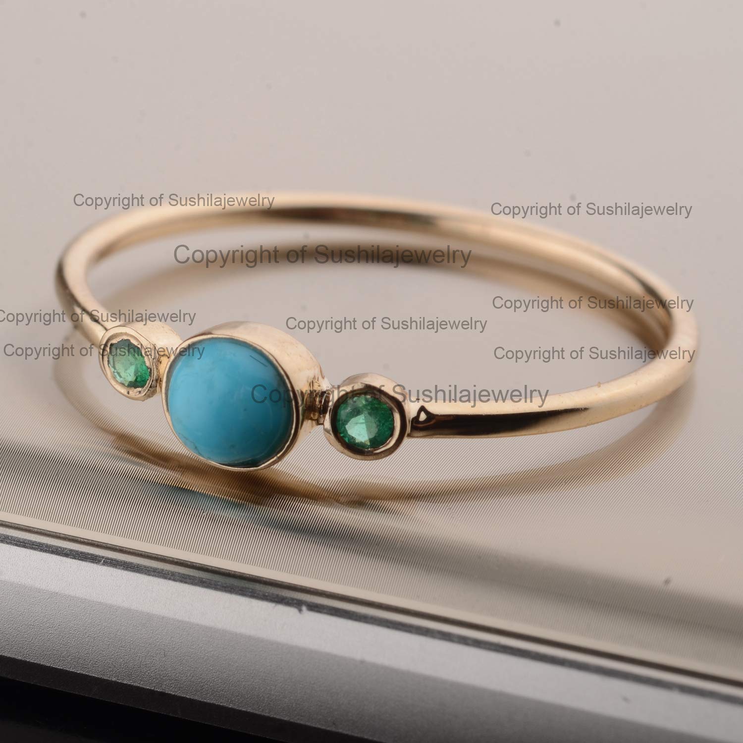14K Solid Yellow Gold Sleeping Beauty Turquoise & Emerald Wedding Band Ring - Handmade Minimalist Jewelry for Women - Perfect for Anniversaries, Engagements & Special Occasions