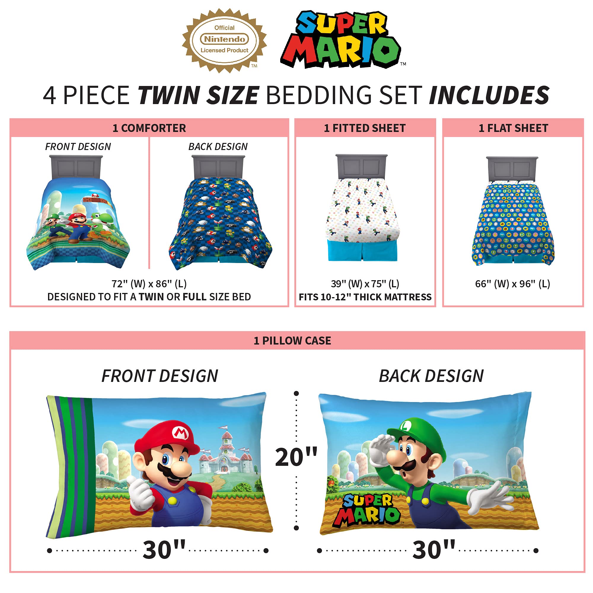 Super Soft Franco Kids Bedding Set - 4 Piece Twin Size Comforter & Sheet Set with Mario Design | Perfect for Boys' Bedroom Decor & Gift