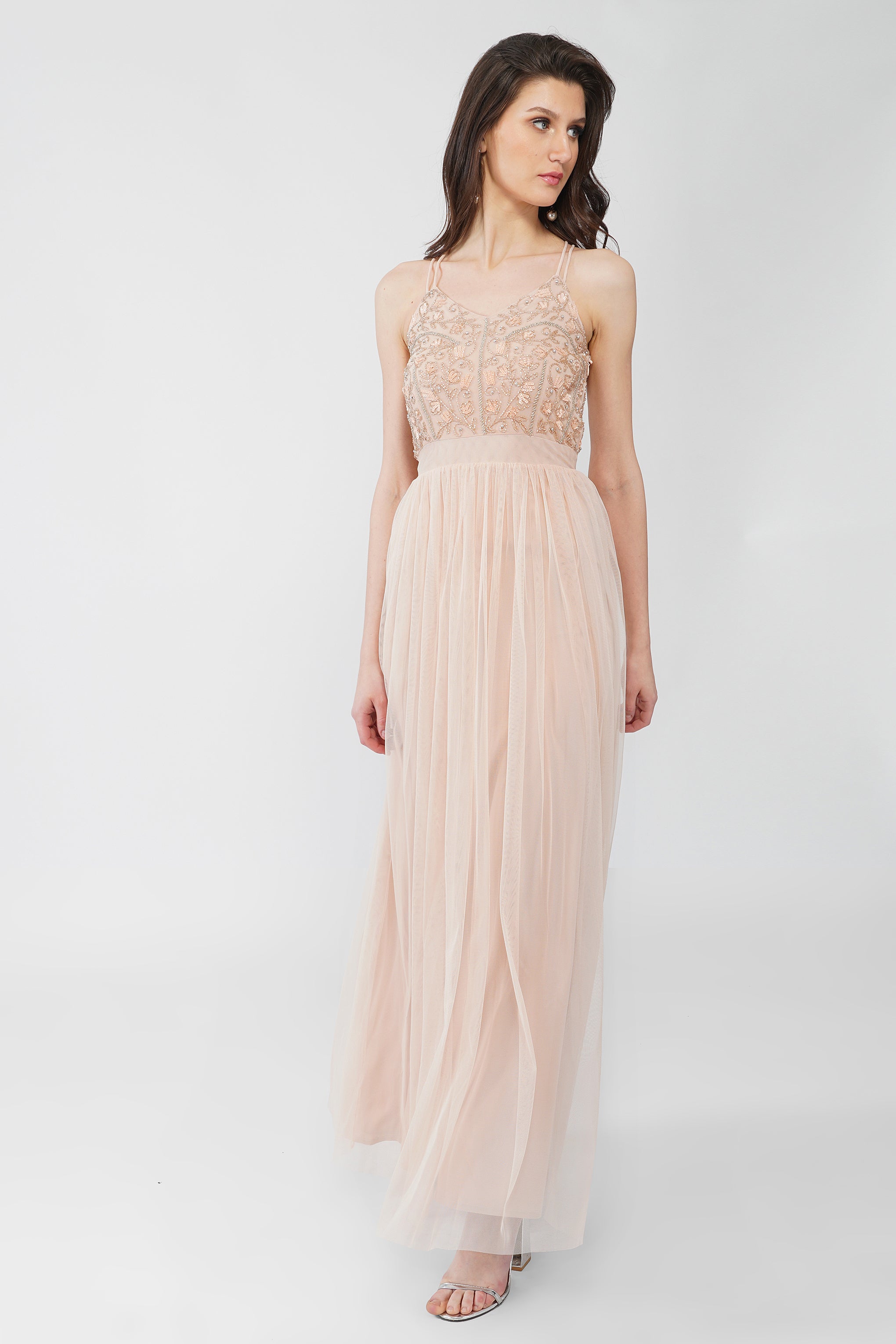 Elegant Ursa Blush Pink Embellished Maxi Dress for Women - Perfect for Weddings, Parties & Special Occasions