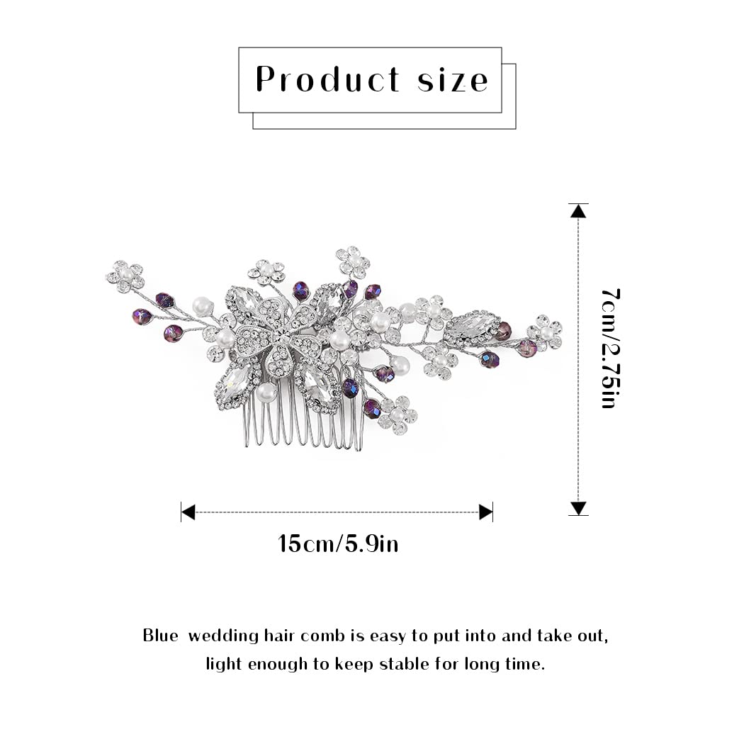 Silver Crystal Wedding Hair Comb with Blue Rhinestones - Bridal Hair Accessories for Women