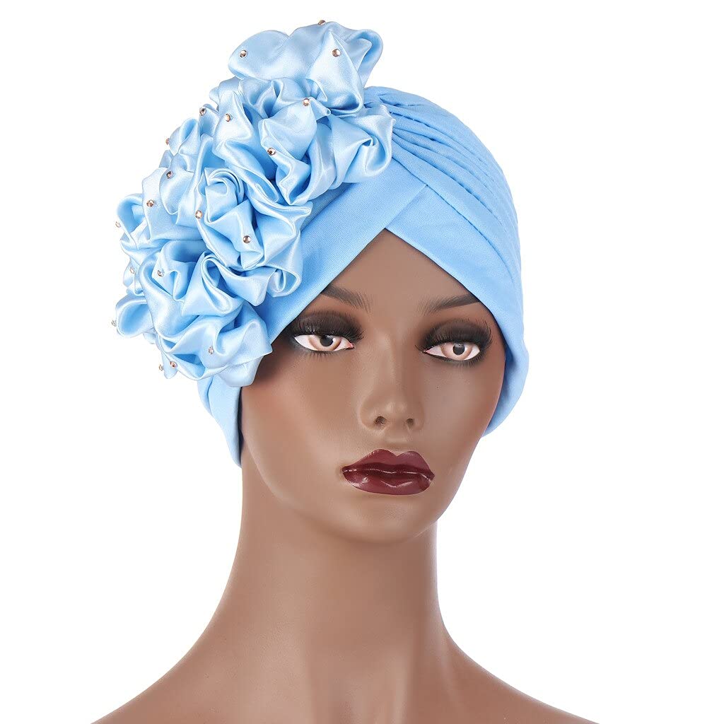 Elegant Islamic Style Women's Turban Hat with Big Flower Headpiece - Soft & Comfortable Blue Headscarf for Muslim Women - Perfect for Prayer, Daily Wear and Special Occasions