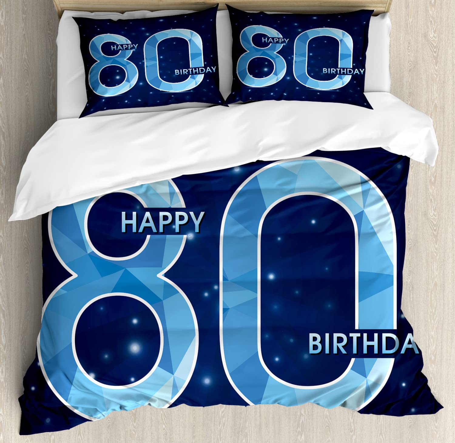 Ambesonne 80th Birthday Duvet Cover Set - Diamond Age 80 Years Old Celebration Bedding with Stars - 2 Pack California King Size in Navy Blue & Sky Blue - Perfect for Birthday Party Decorations & Guest Room Bedding