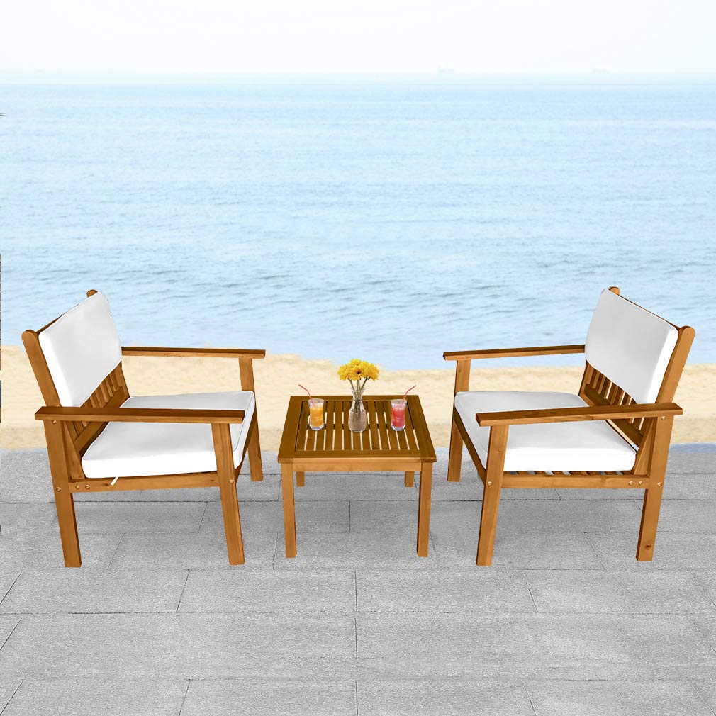 3-Piece Acacia Wood Patio Bistro Set - Outdoor Dining Furniture with Water-Resistant Cushions & Coffee Table - Perfect for Beach, Backyard, Garden, and Poolside Relaxation