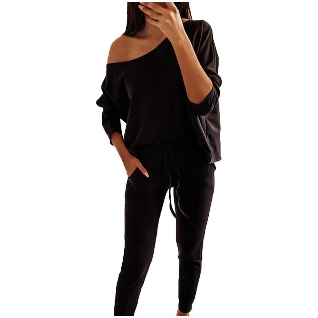 Women's 2-Piece Gym Set - Long Sleeve O-Neck Top & Loose Pants - Solid Color Casual Outfit for Yoga, Workout & Lounge Wear